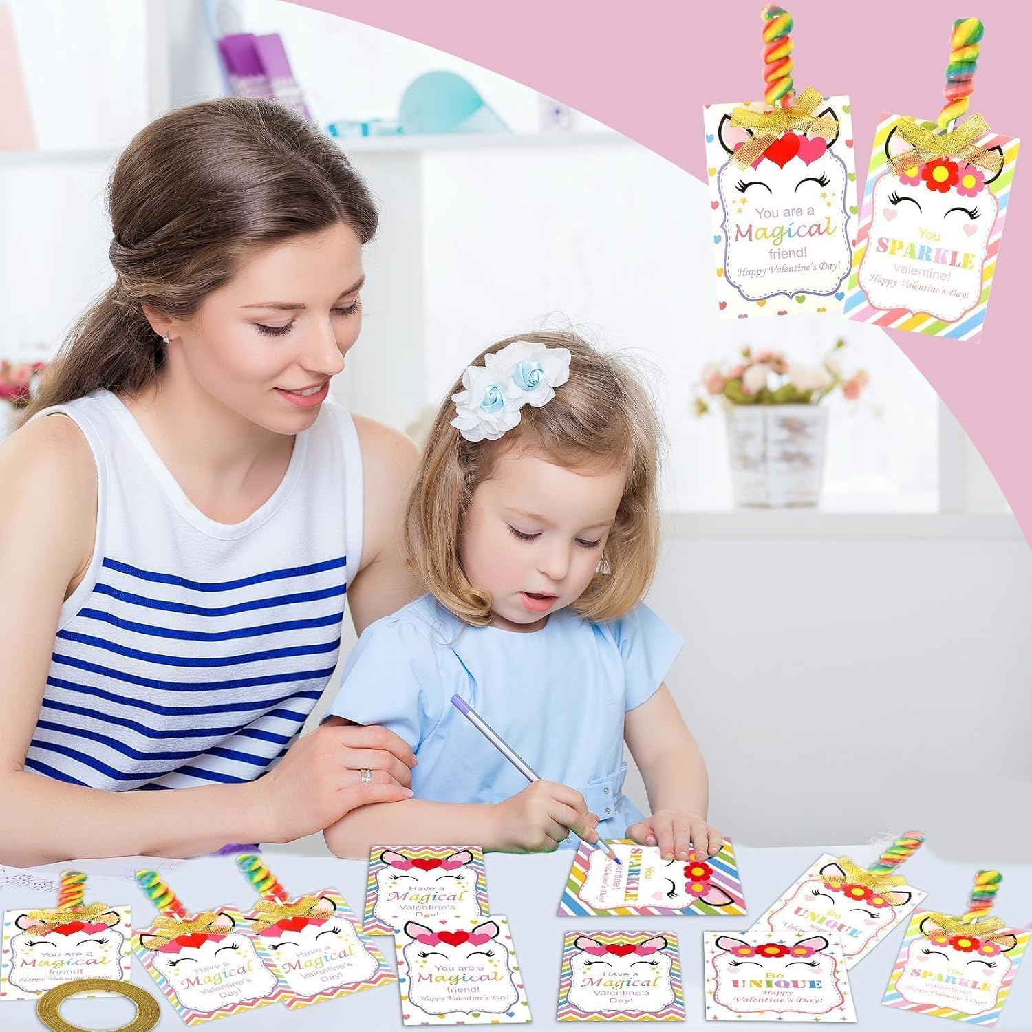 28 Pack Valentines Day Cards for Kids School Unicorn Valentines Classroom Exchange Bulk Cards Rainbow Candy Holder Valentine's Day Gifts Card for Girls Boys School Class Party Favor Set Supplies