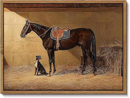 AIMAILON Framed Vintage Horse & Dog Wall Art, Rustic Farmhouse Canvas 12x16