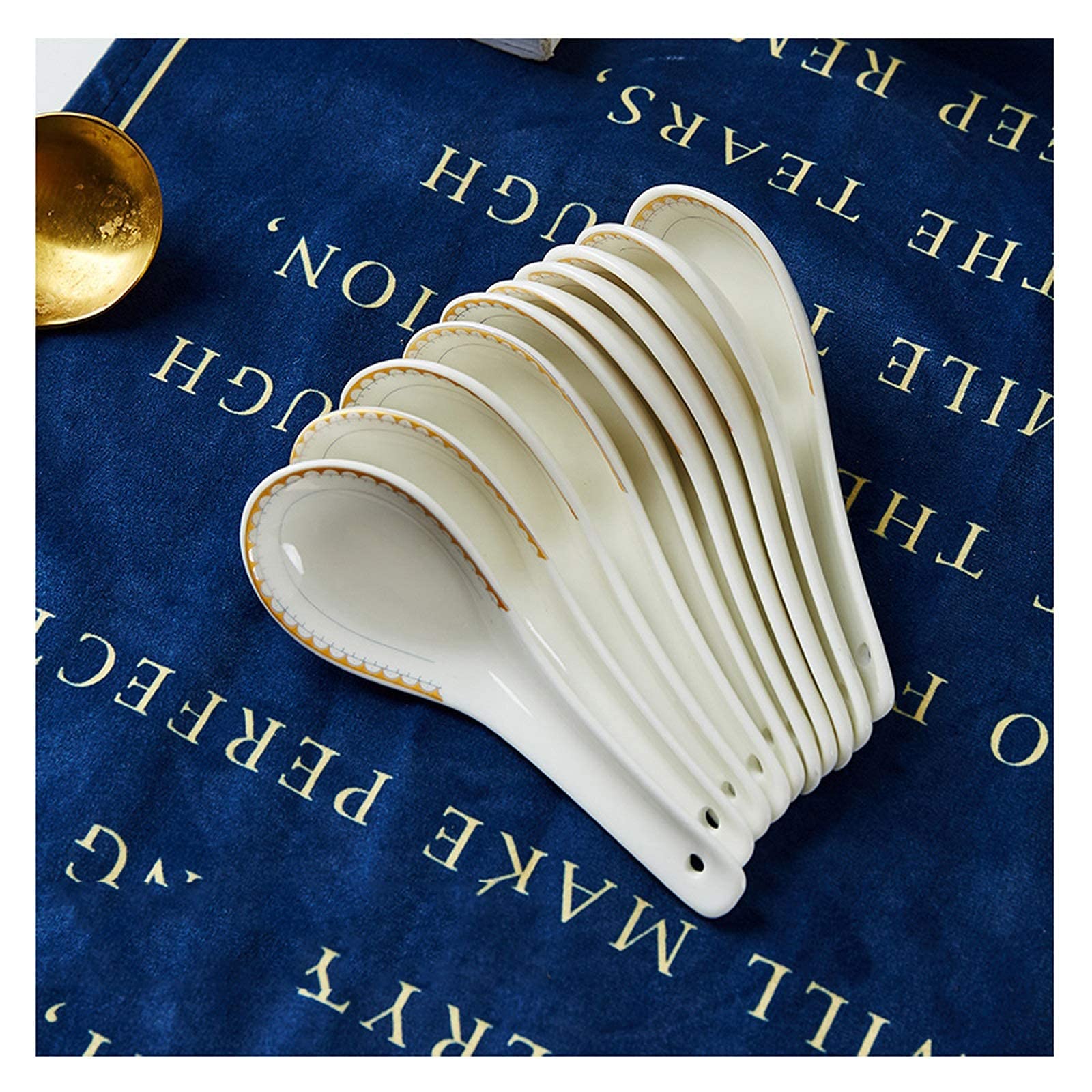 Zestaw łyżek obiadowych, 10 sztuk, małe ceramiczne łyżki do zupy, prosta łyżka z porcelany kostnej, miska i spodek, zestaw naczyń Jingdezhen, łyżka obiadowa/garnek do zupy (kolor: D) (F)