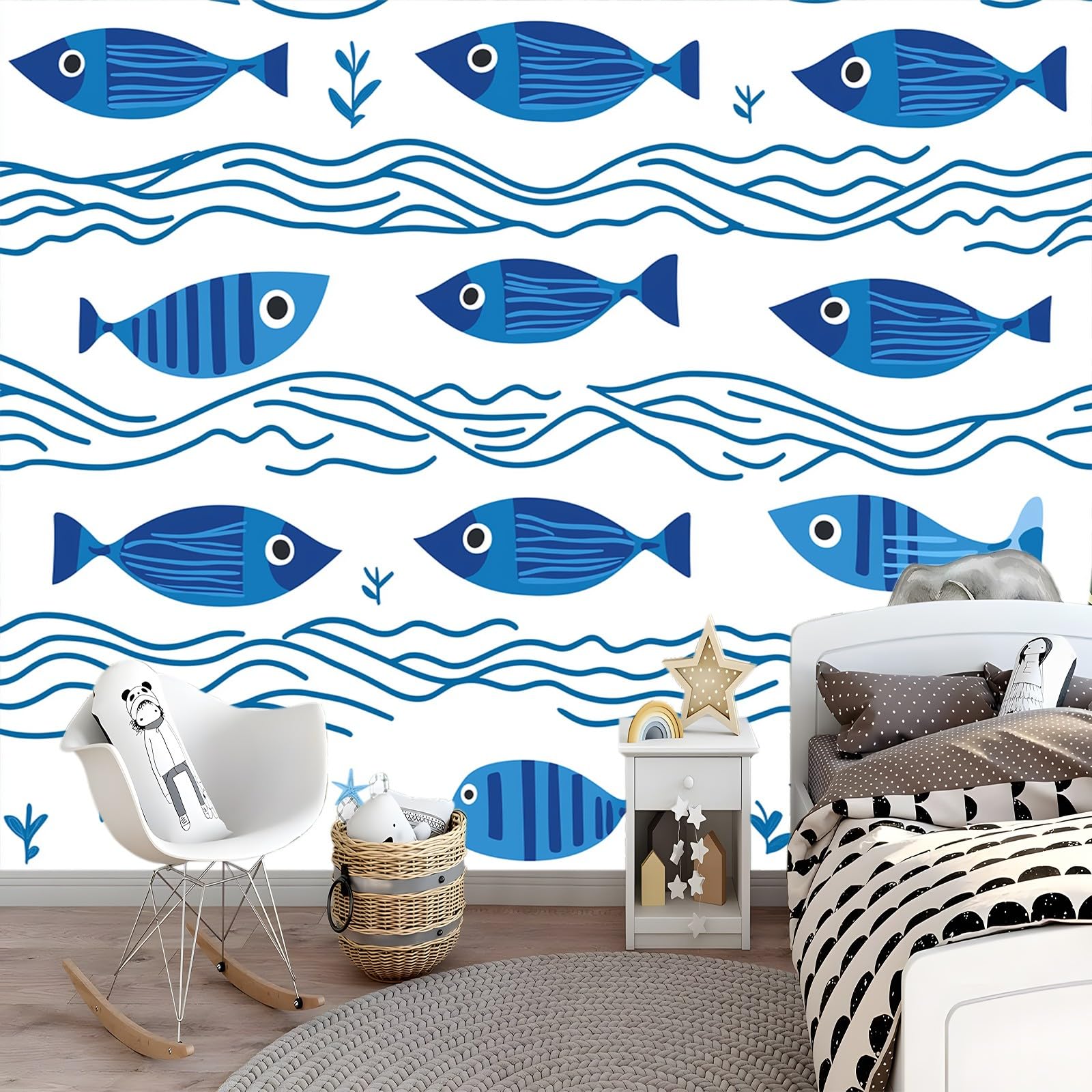 Carta da parati Tema Dell'Oceano Pesci Disegnati A Mano Fotomurali Murale alla moda Decorazione da Muro Poster 300x210 cm Gigante Design Carta per pareti Ornamento