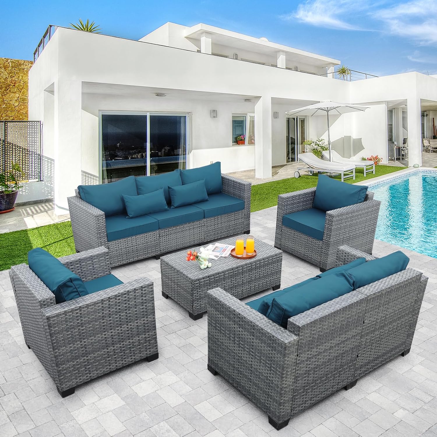 Lviden 5 Piece Wicker Patio Furniture Sets Outdoor Conversation Set, PE Rattan Sectional Sofa Couch with Storage Table and Non-Slip Peacock Blue Cushions, Furniture Covers Included