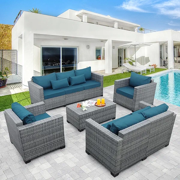 Lviden 5 Piece Wicker Patio Furniture Sets Outdoor Conversation Set, PE Rattan Sectional Sofa Couch with Storage Table and Non-Slip Peacock Blue Cushions, Furniture Covers Included