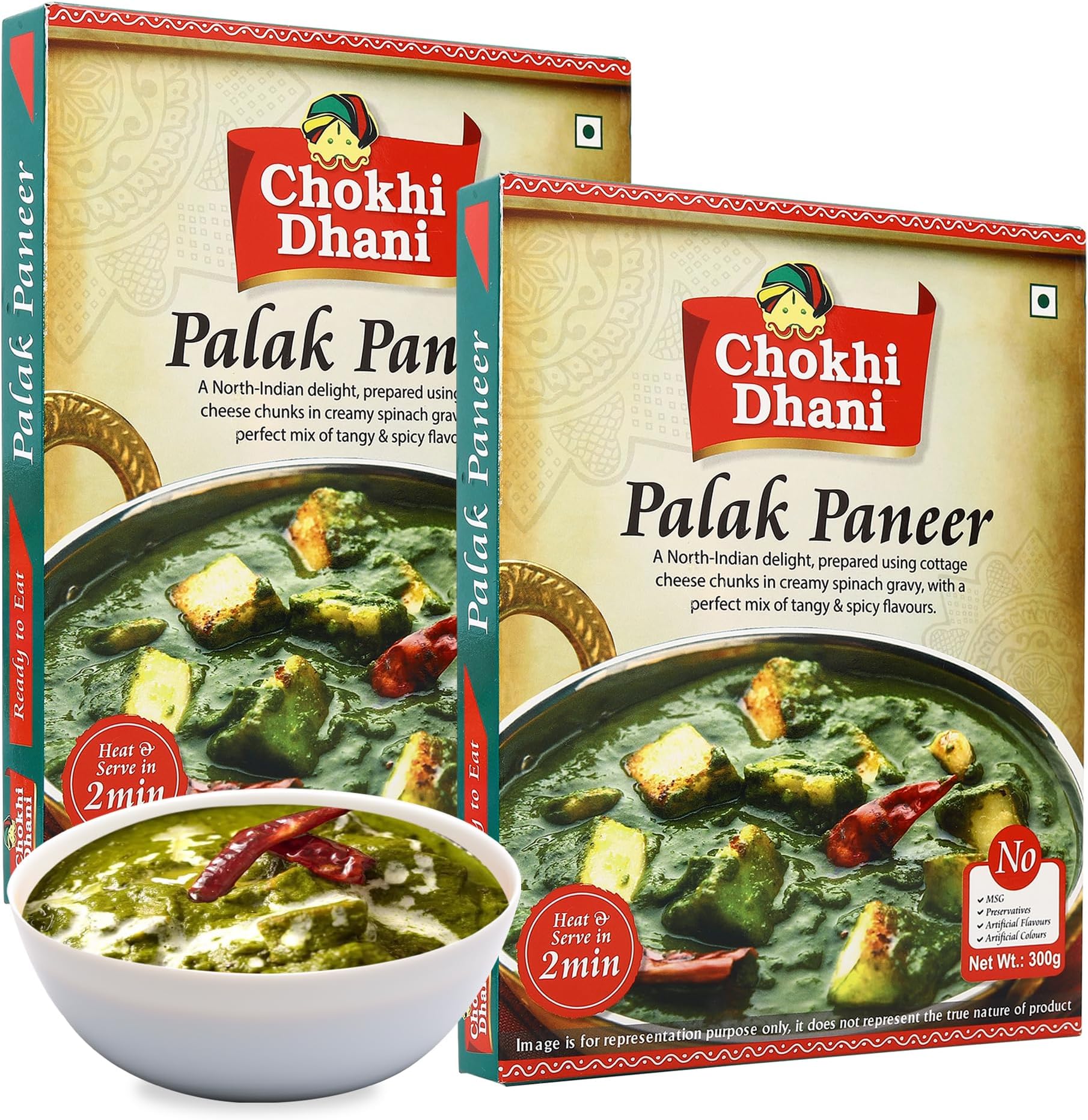 Chokhi Dhani Palak Paneer | Ready To Eat Food Products | 300 Grams | Servings for two | Instant Indian Food | Travel Friendly Food | No Preservatives | Indian Meals (Pack of 2)