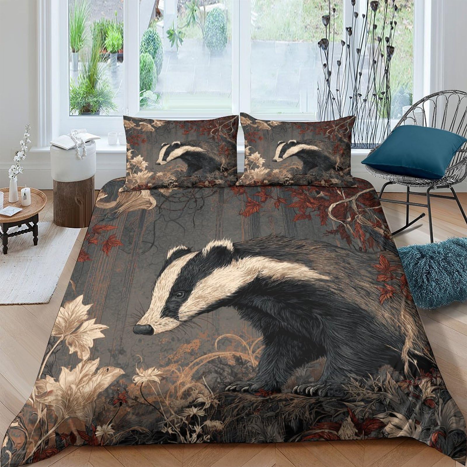 Ctjqhvkz Style-4 3D Printed Badger Forest Fitted Sheet Microfiber Artistic Woodland Bed Cover For Bedroom Guest Room Mattress Single（135X200cm）