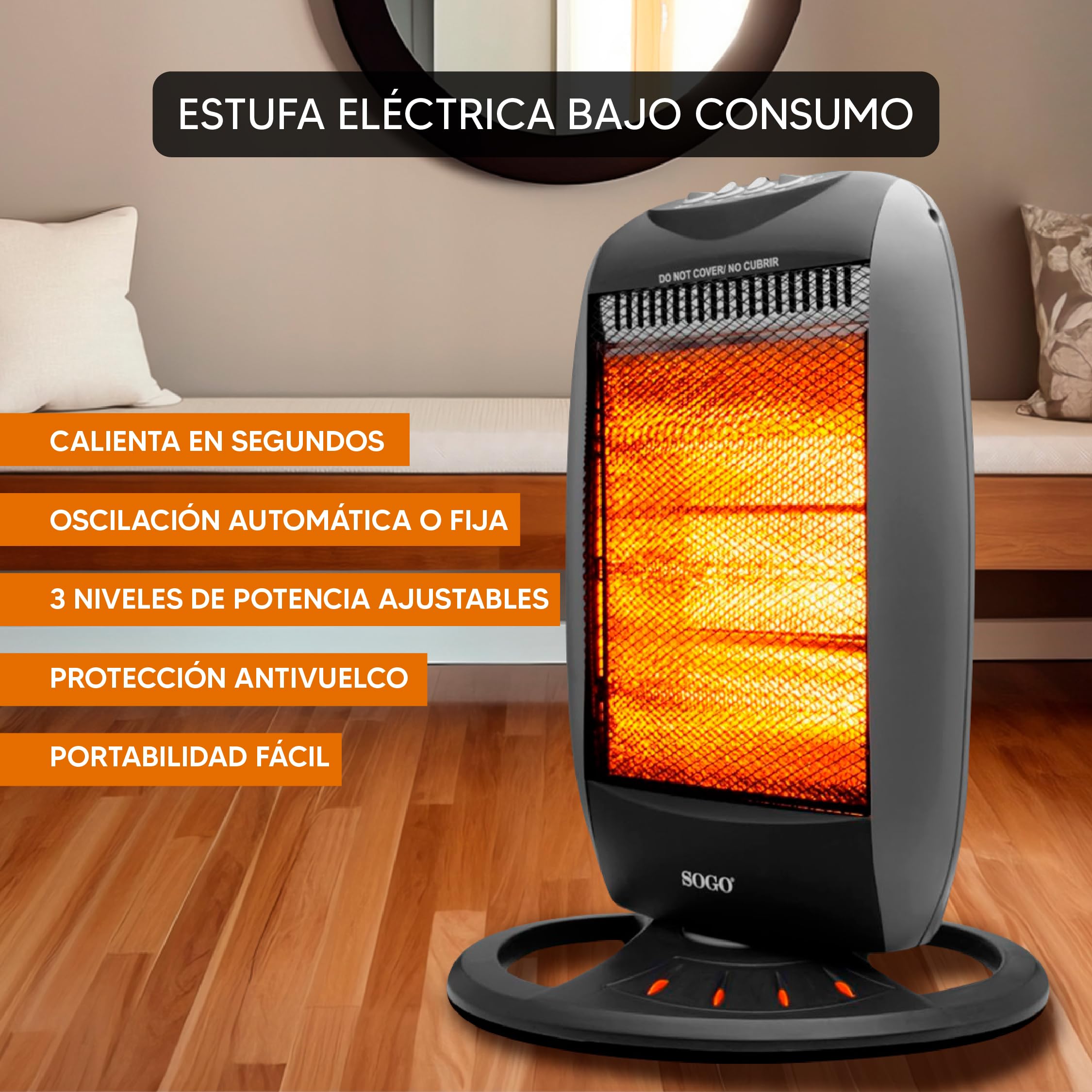 SOGO Estufa Eléctrica Bajo Consumo Giratoria 180 º o Fija – Calefactor con 3 Niveles de Potencia Ajustables – Calefactor Baño, Cocina, Habitación con Asa para Transporte - Estufa Halógena Oscilante