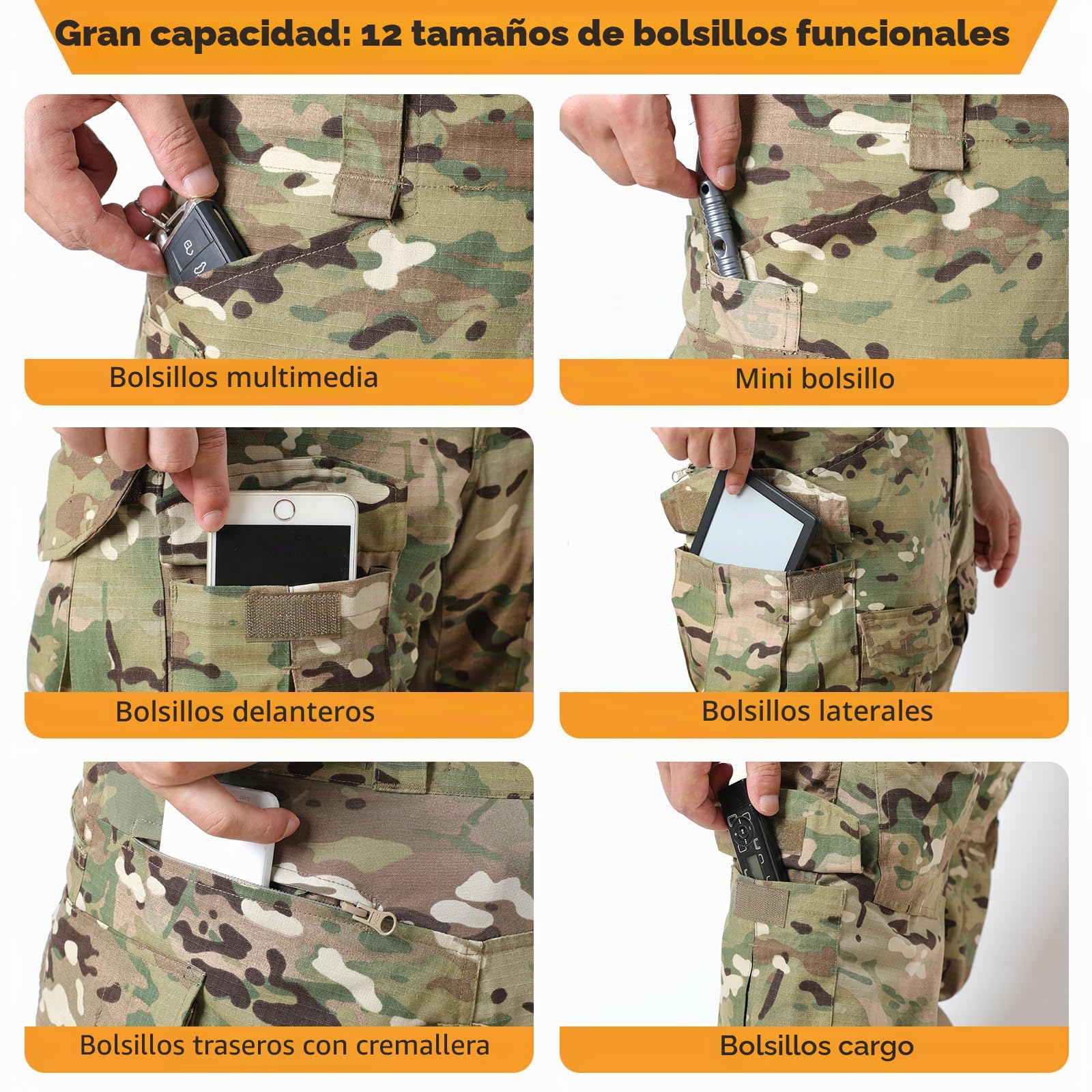 Pantalones de Combate para Hombre con Rodilleras, tácticos, para Exteriores, Camuflaje, Paintball, Camouflaje, 40W x 33L