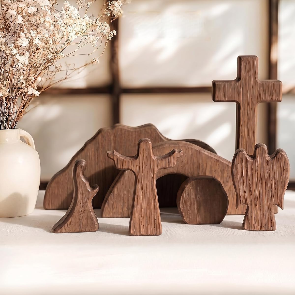 Decoración de cruz de escena de Pascua de tumba vacía de madera, juego de Natividad de resurrección de Jesús de 7 piezas, decoración de mesa cristiana religiosa para la iglesia de la oficina en casa