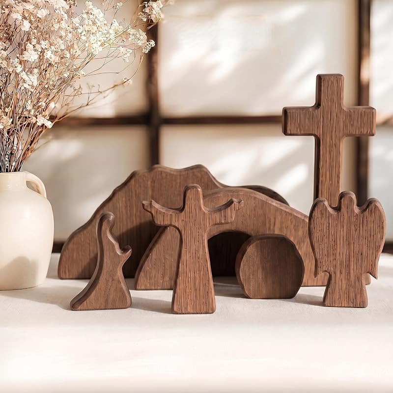 Decoración de cruz de escena de Pascua de tumba vacía de madera, juego de Natividad de resurrección de Jesús de 7 piezas, decoración de mesa cristiana religiosa para la iglesia de la oficina en casa
