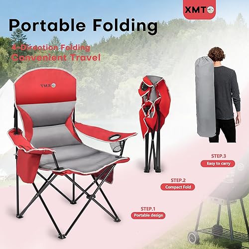 Miniatura 8 de XMT Reposabrazos extra anchos Silla plegable portátil con soporte para tazas, bolsa enfriadora, tela Oxford 600D resistente, soporta 450 libras,
