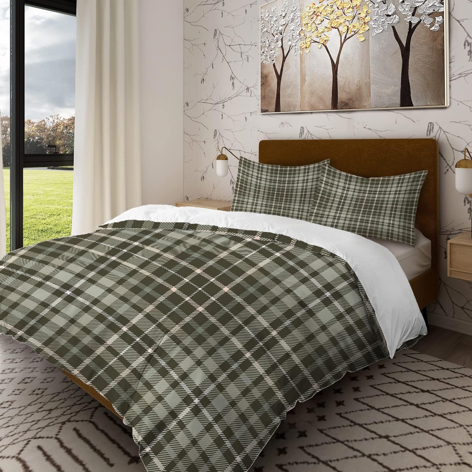 Batmerry Gray Green Plaid Pattern King Size 3 Pieces