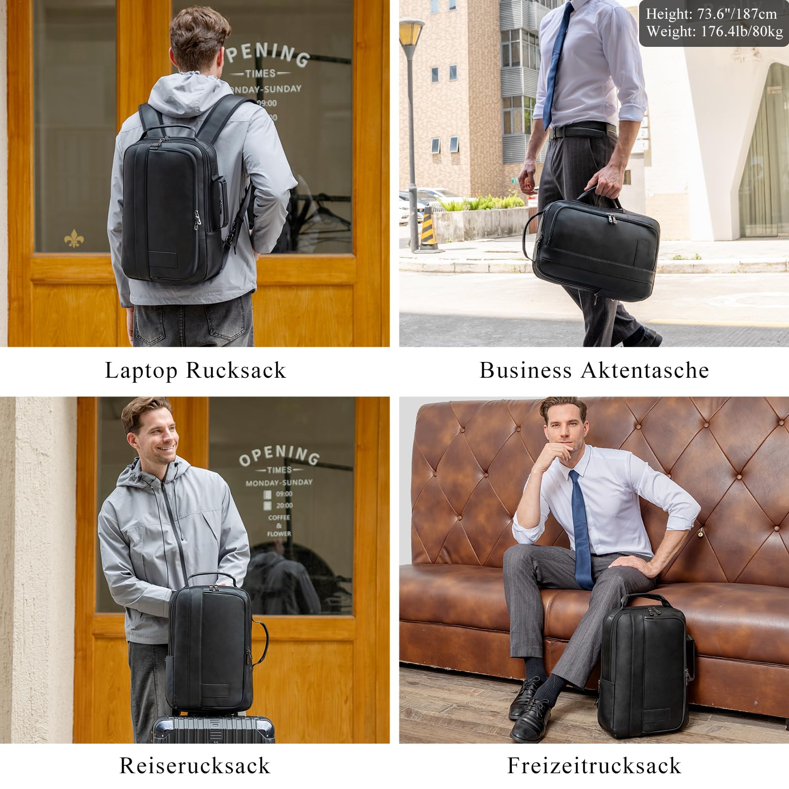 TIDING Mochila Portatil 15.6 Pulgadas para Hombre de Cuero Genuino Profesional Convertible en Maletin Ampliable Antirrobo Gran Capacidad de Viaje Diario, Negro