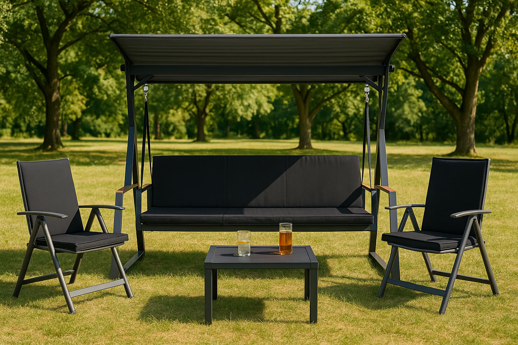 Hollywoodschaukel Auflage, 7 cm dick, Sitz- und Rückenpolster, Abnehmbarer Bezug, Wendbar, Garten Polster Set (Anthrazit, 170x50x50cm)