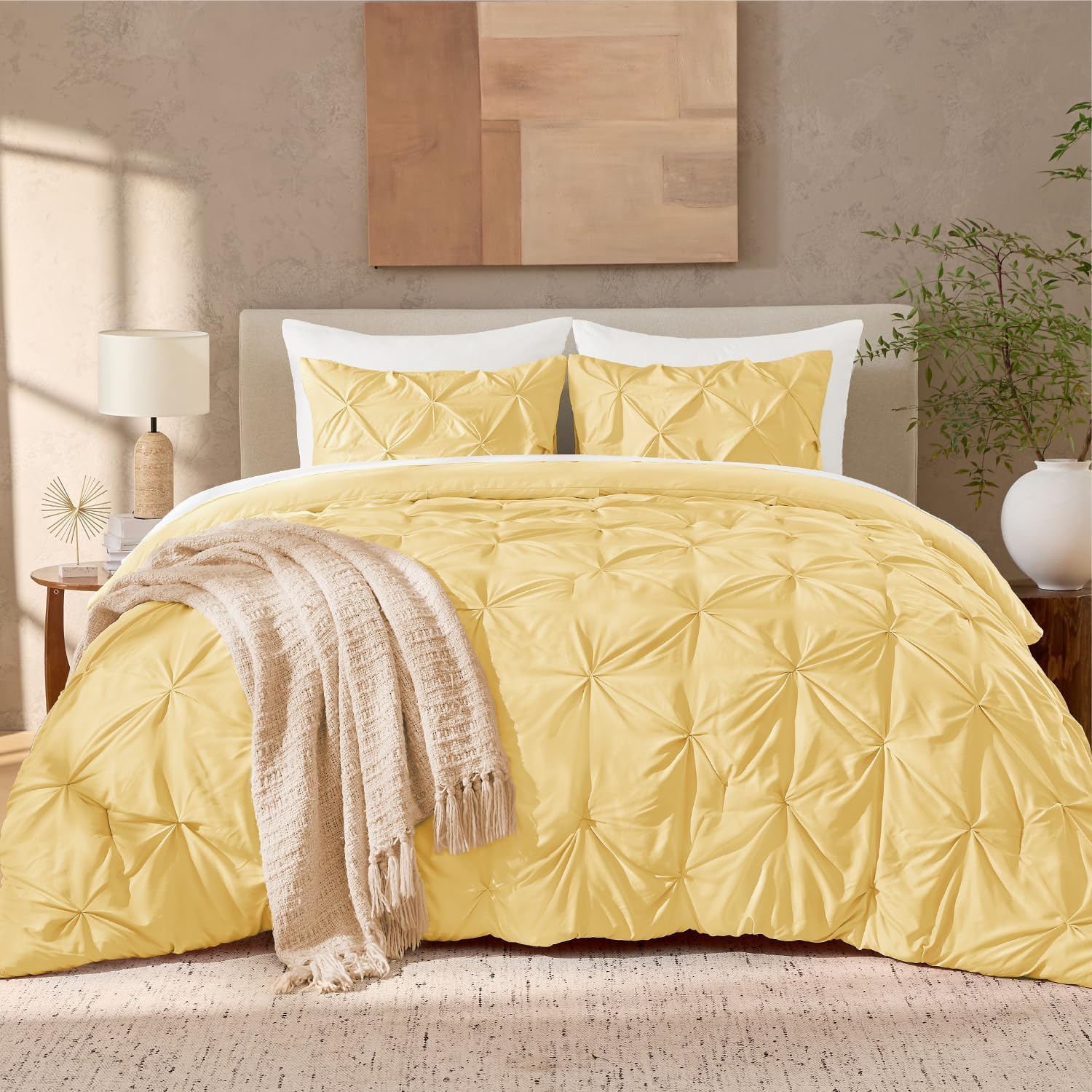 Andency Yellow Pinch Pleat Comforter Queen(90x90Inch), 3 Pieces(1 Pintuck Comforter and 2 Pillowcases) Pintuck Comforter Set, Microfiber All Season Down Alternative Bedding Set - Image 2