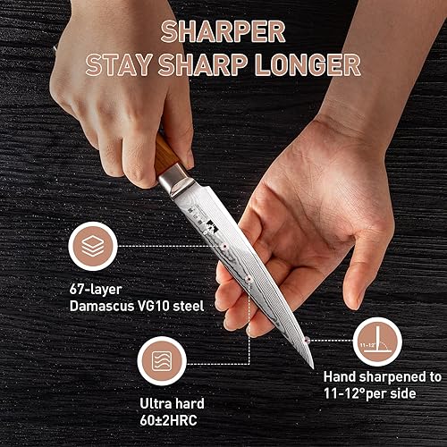 Miniatura 2 de FUJUNI Damasco Cuchillo utilitario - Cuchillo de cocina pequeño de 5 pulgadas Damasco VG10 de acero de 67 capas - Mango de madera de olivo -