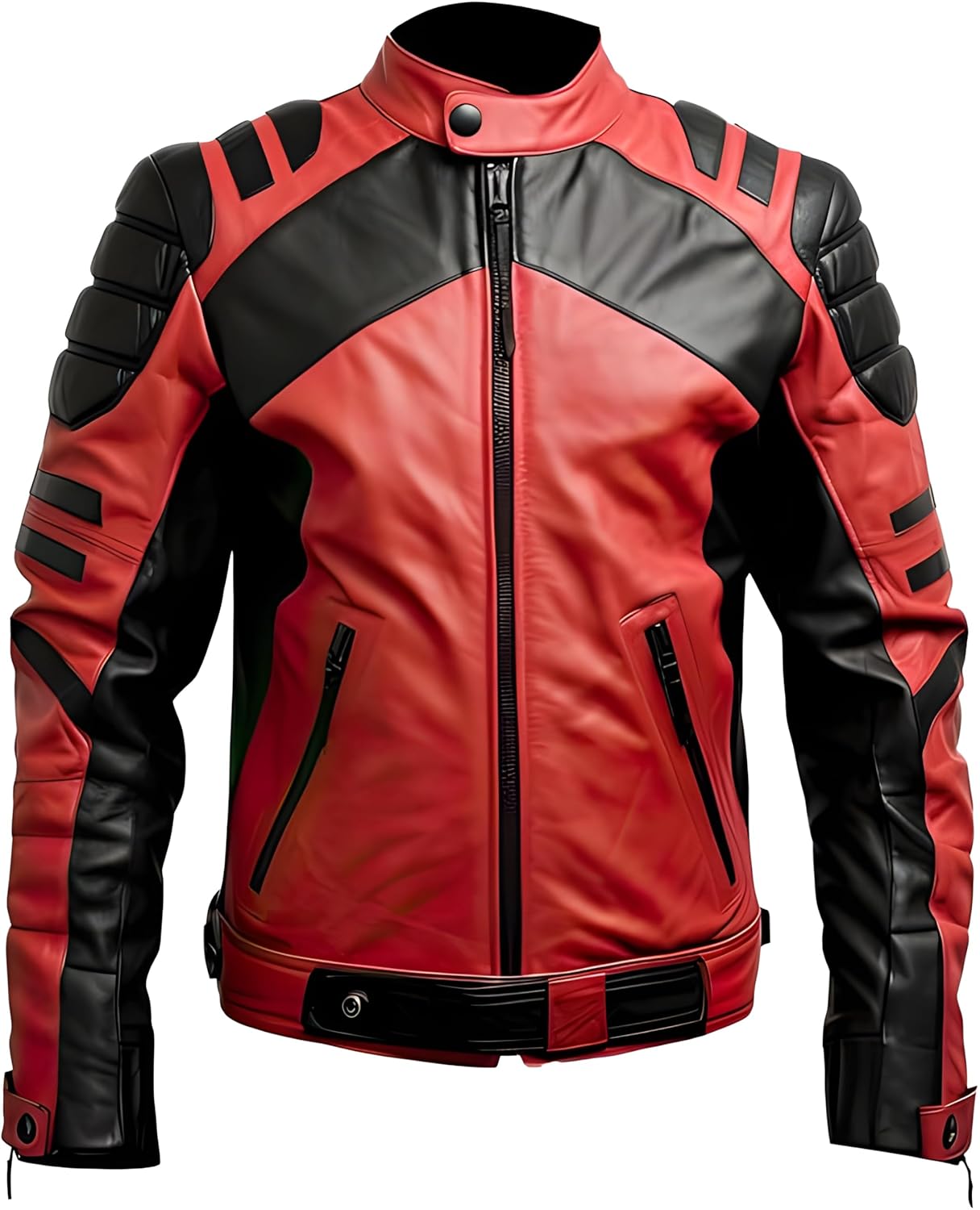 Jaqueta masculina de couro de motoqueiro com cinto e gola alta de pele de carneiro genuína vermelha e preta eleva seu estilo.