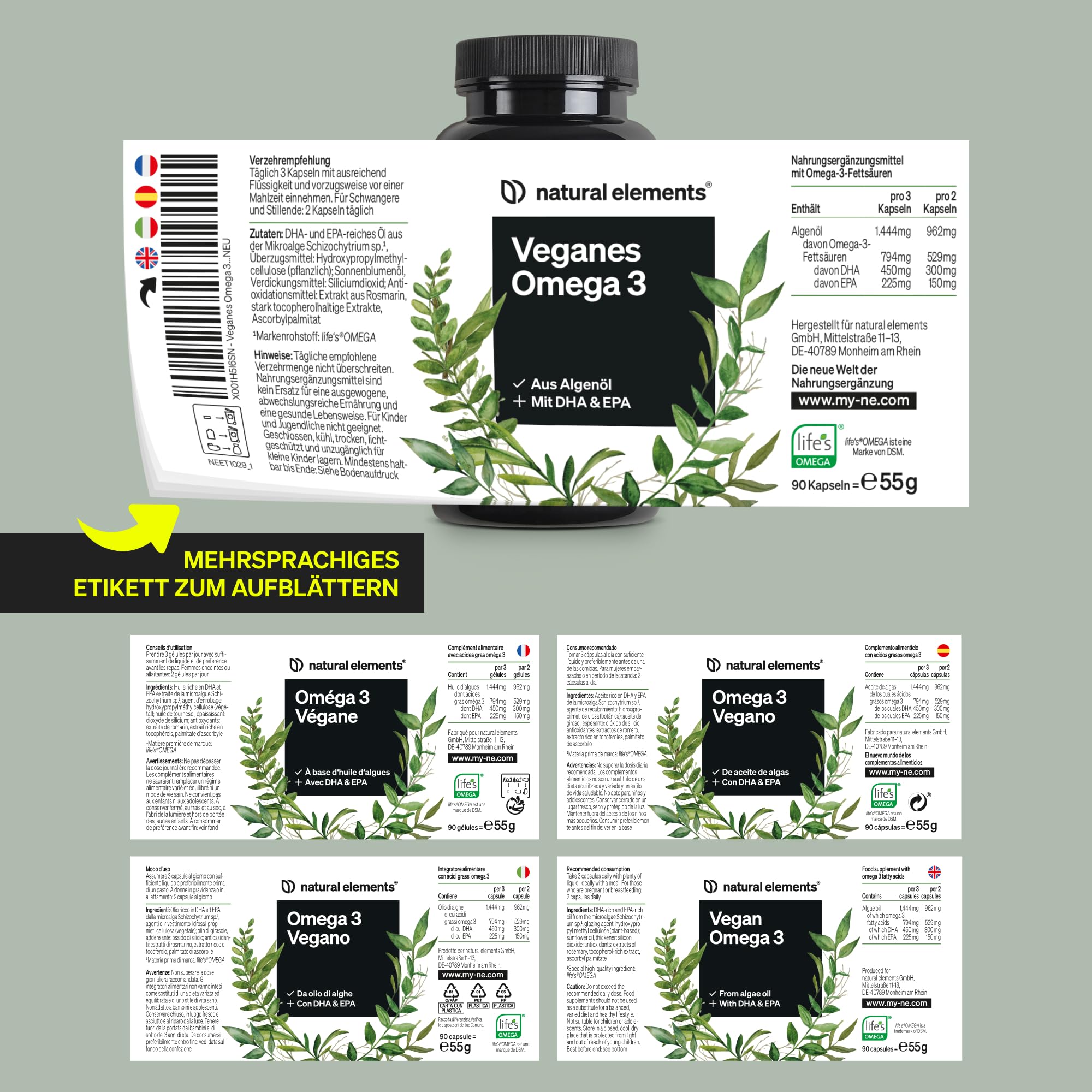 natural elements Omega 3 vegan aus Algenöl - 90 Kapseln - Hochdosiert mit hochwertigem EPA und DHA (in Triglycerid-Form) - Omega-3 für Veganer, Laborgeprüft, nachhaltig und von Natur aus schadstoffarm