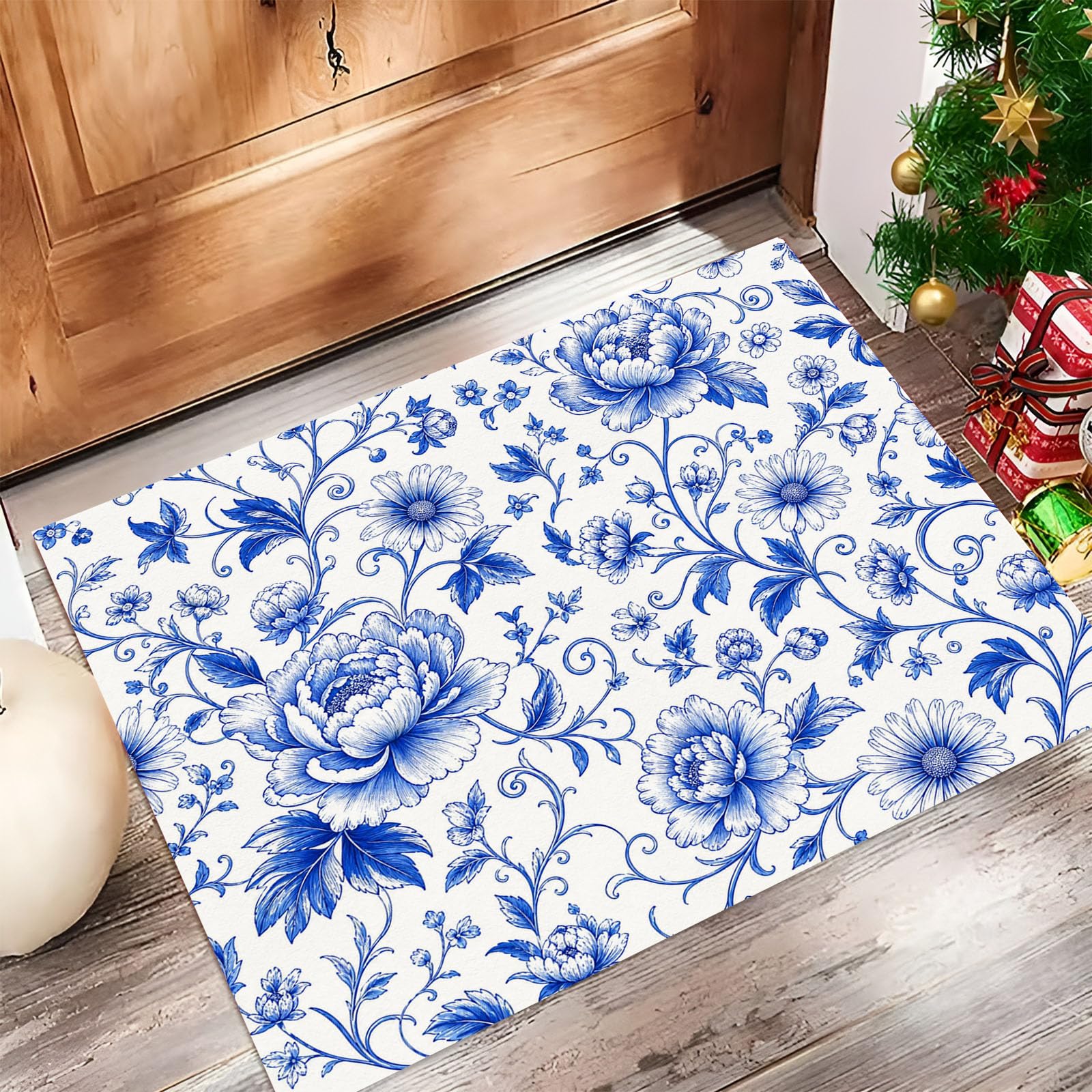 Zerbino Ingresso Interno Peonia Fiori Intrecciati Porcellana Blu E Bianca, Zerbino Di Benvenuto Lavabile Morbida Italiano Retrò, Antiscivolo Tappeto Da Decorazioni Blu Per Casa Porta, 60X90Cm