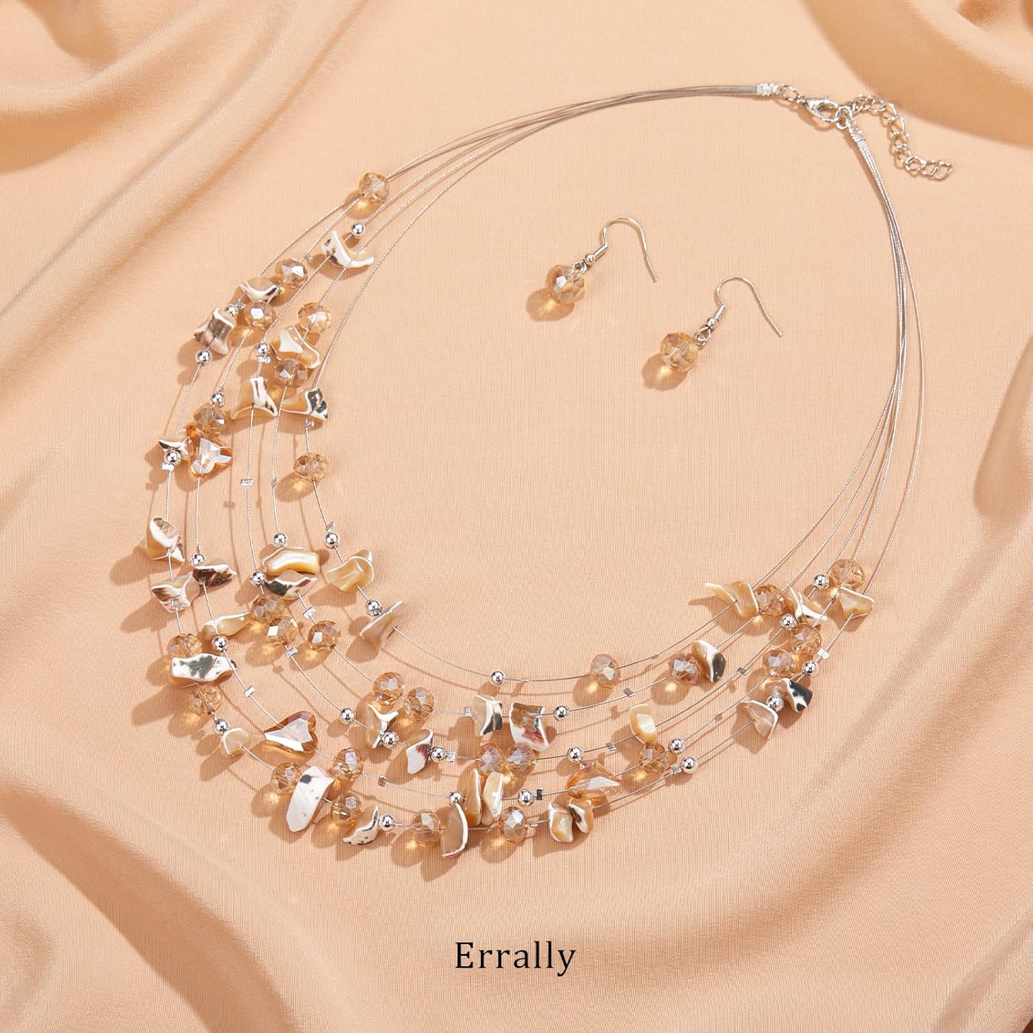 Multi-Layer Boho Shell Beaded Necklace for Women Colorful Crystal Strand with Silver Beads Statement Collars Necklace and Earrings Costumes Jewelry Sets for Women - Image 2