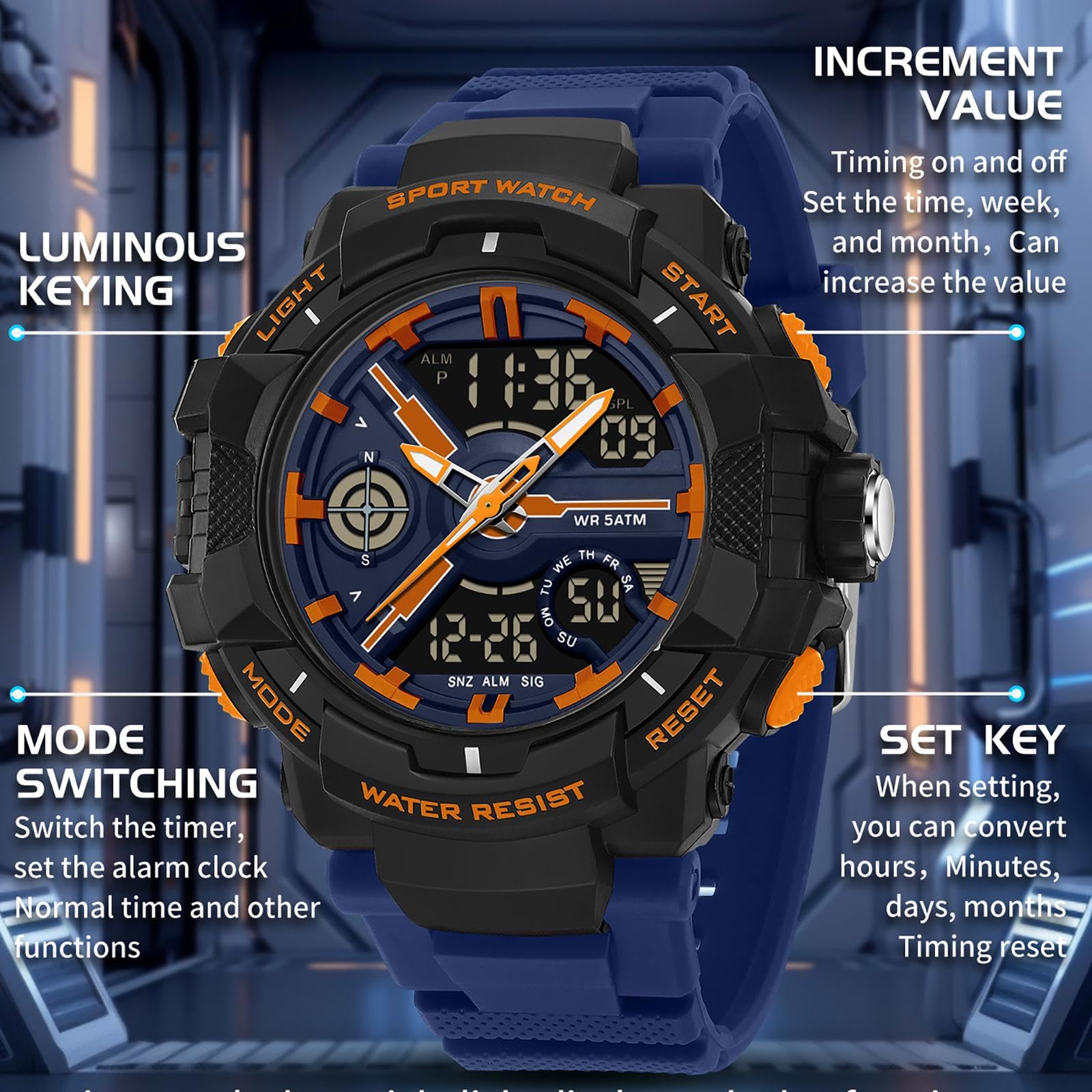 findtime Relojes para hombre y niño, analógico, digital, de cuarzo, naranja, reloj de pulsera con alarma, cronómetro, dos zonas horarias, LED, resistente al agua 5 ATM, relojes deportivos para hombres
