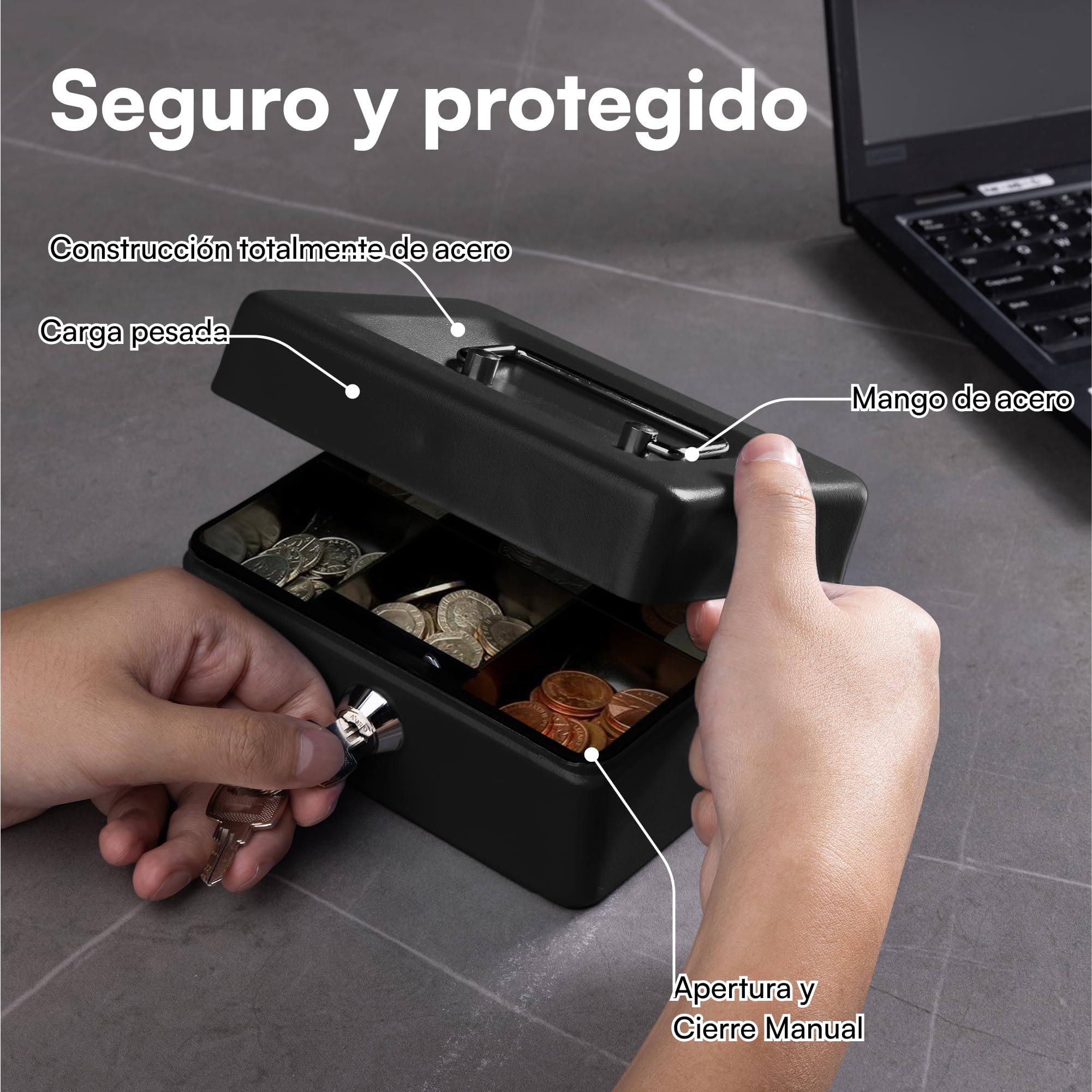 Caja de caudales H&S®, de acero, con cierre y dos llaves, 15 cm, color negro