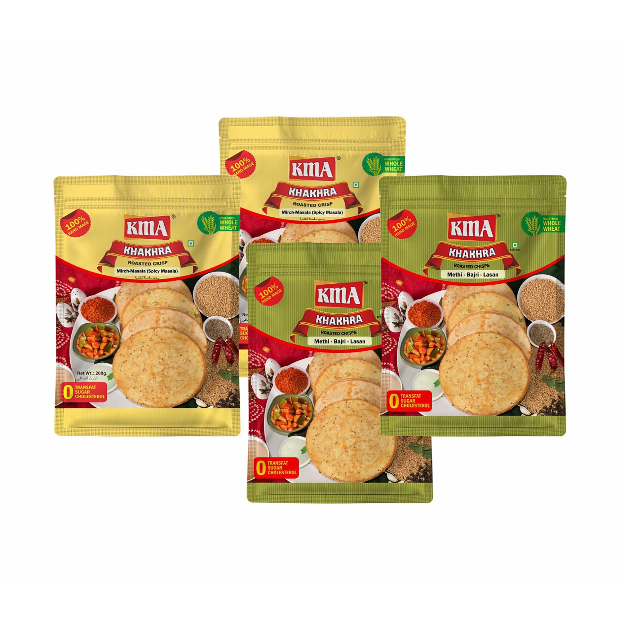 KMA Gujarati Khakhra Combo 800g (4 packs * 200g each) – 2 Mirch Masala Khakhra , 2 Methi Bajri Lasan (Millet Garlic Fenugreek) Khakhra - Handmade Roasted Fresh Snacks , Ready to Eat Indian Whole Wheat Delight , Crispy & Nutritious with Authentic Taste , Healthy Diet , Low Calorie Anytime Snack