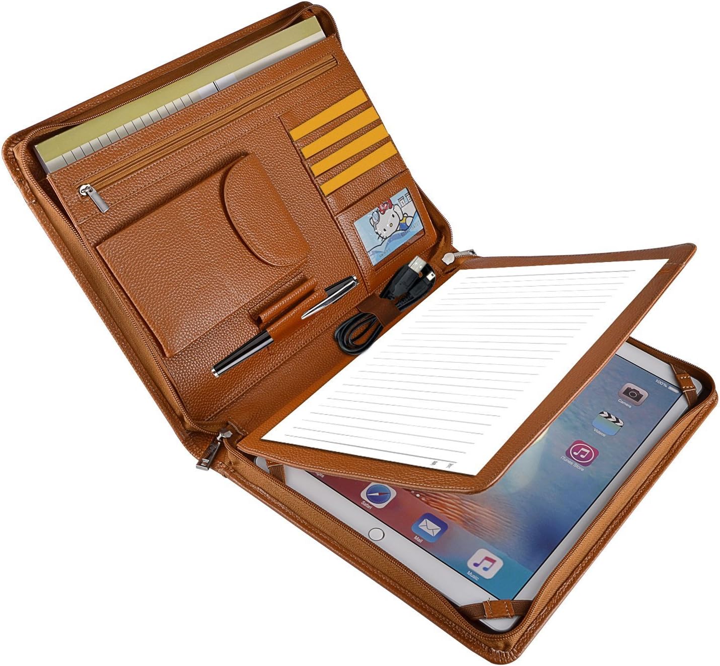Professional Leather Business Organizer Portfolio Case with Zipper Closure for iPad Pro 12.9 inch (A4) Paper Pocket (iPad Pro 12.9 inch)