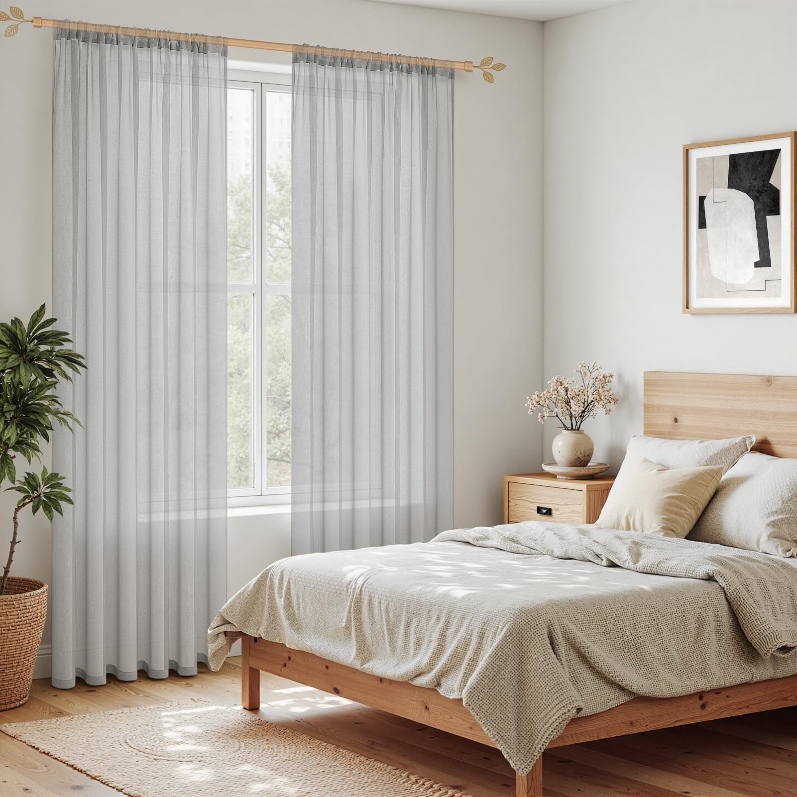 MRTREES Voile gordijnen met oogjes, halftransparant, kort, linnenlook, voorhang, vitrage, beige crème, 137 x 140 cm (h x b) voor woonkamer, slaapkamer, kinderkamer, set van 2