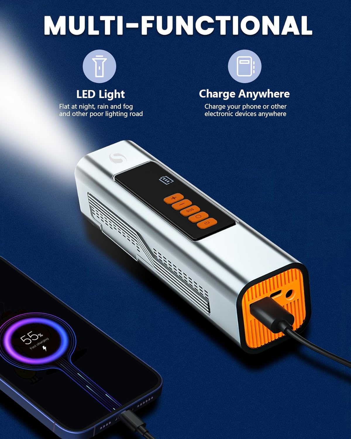 SERVOMASTER SM04 functioning as a power bank to charge a smartphone, also showing its integrated LED light.