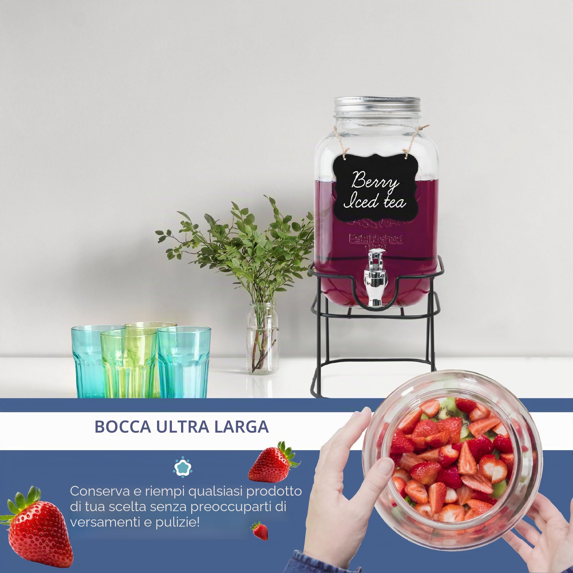 HEFTMAN Dispenser per bevande in vetro con rubinetto, barattolo da 4 litri, con rubinetto a tenuta stagna e supporto in filo metallico