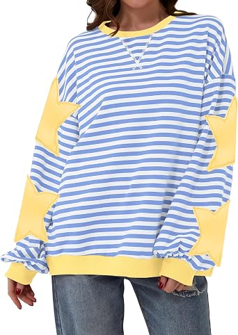 TERIVEEK Women Oversized Striped Color Block Long Sleeve Crew Neck Sweatshirt Casual Loose Pullover Y2K Shirt Top