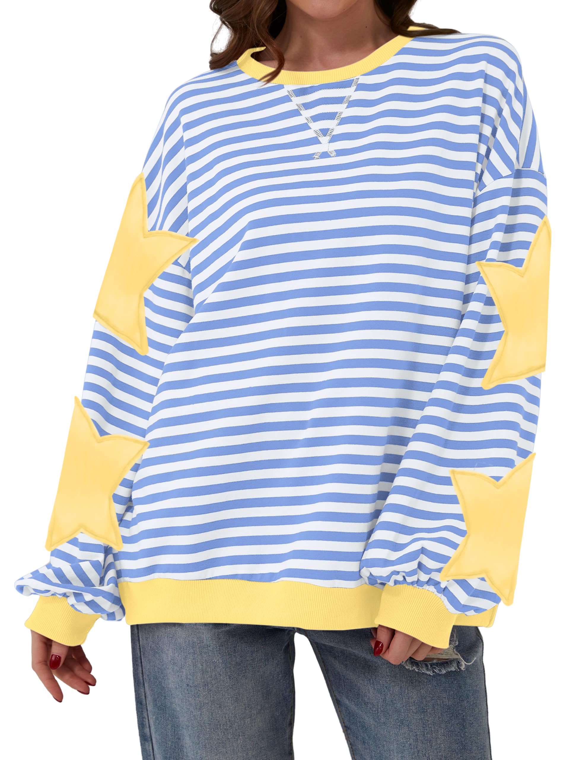 Teriveek Damen-Sweatshirt, Oversize, gestreift, Farbblock, langärmelig, Rundhalsausschnitt, lässig, locker, Y2K-Shirt