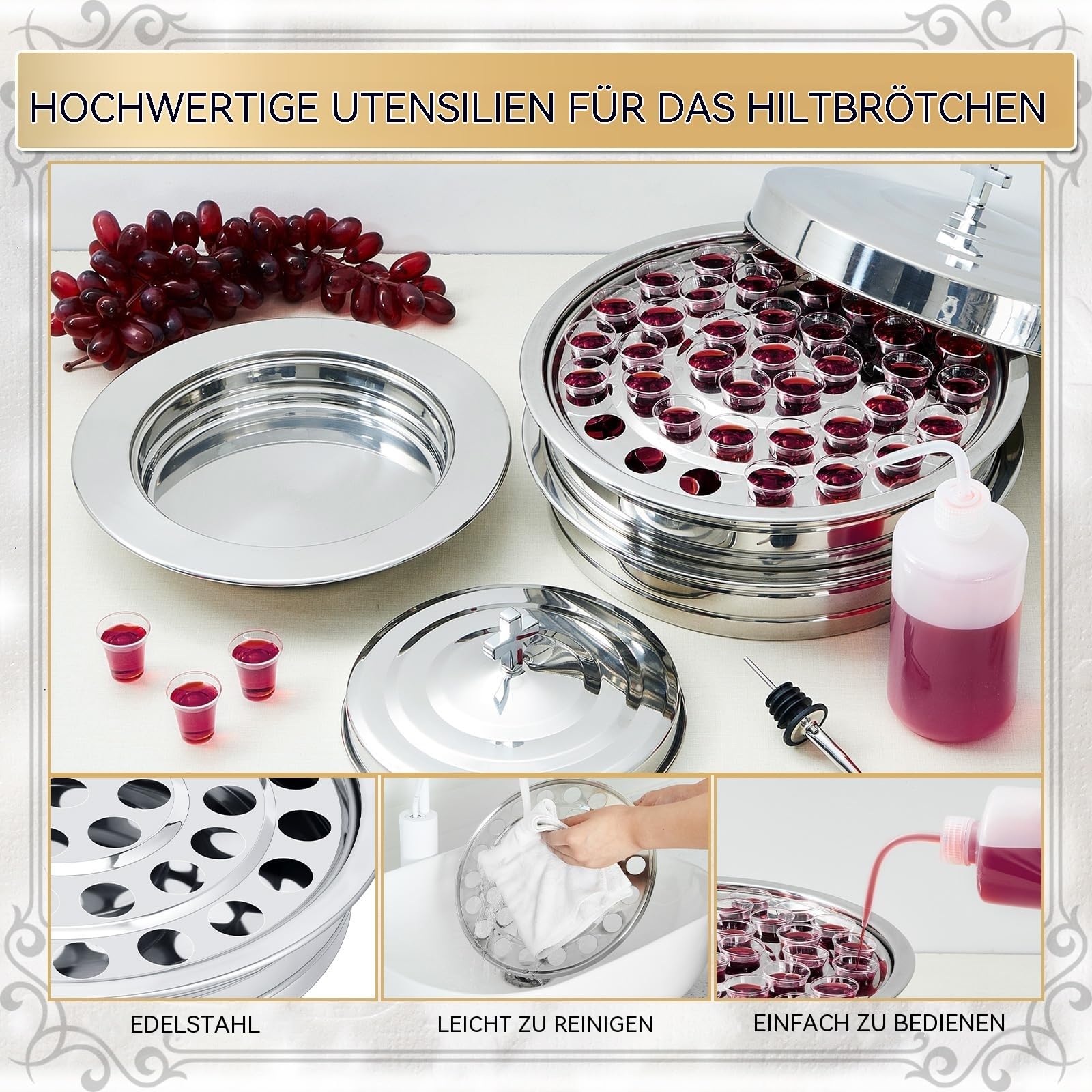 Kommunion-Set mit Deckeln – Edelstahl, 40er Tablett, 100 Becher,Silbern