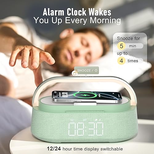 Miniatura 2 de FREEFISH Altavoz Bluetooth con Cargador Inalámbrico Rápido, Radio FM, Luz Nocturna LED Táctil, Soporte para Teléfono, Función Repetir, Altavoz