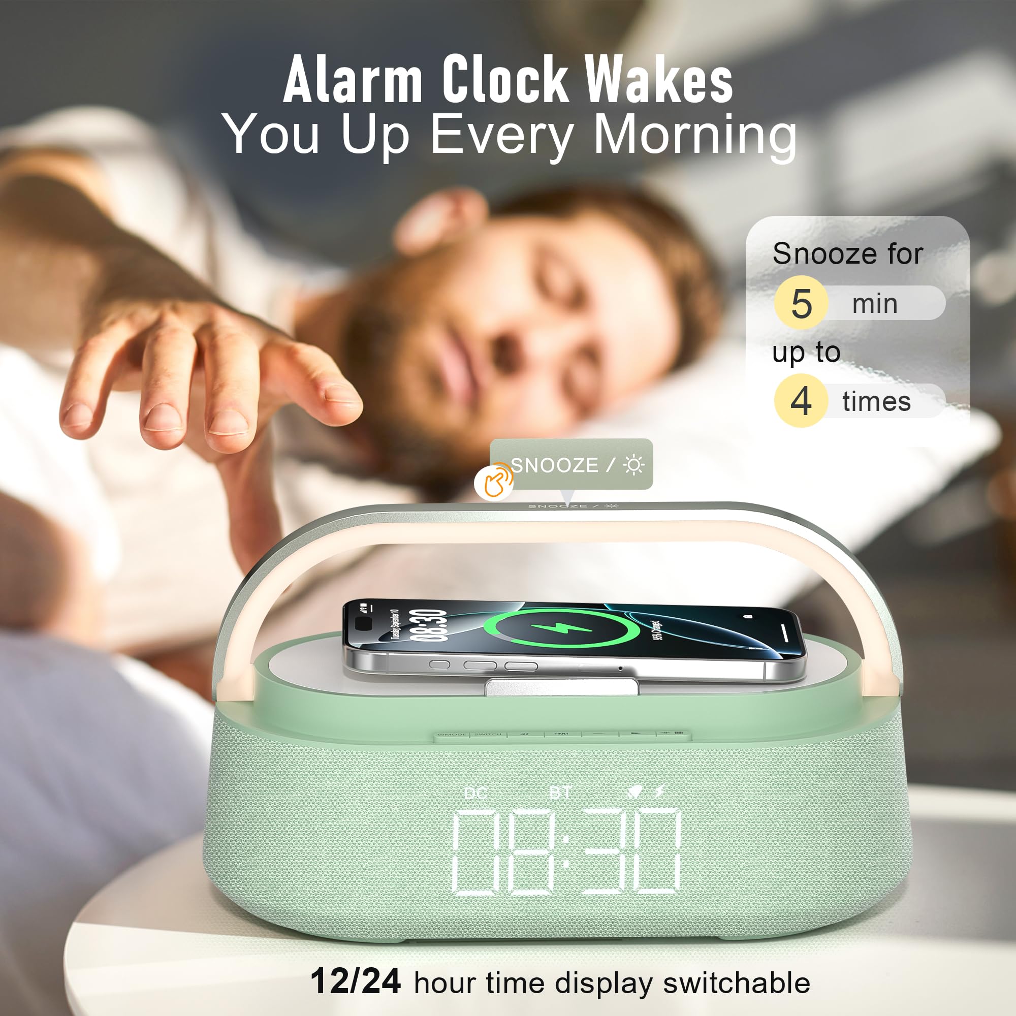 FREEFISH Bluetooth Speaker with Fast Wireless Charger,FM Radio,Touch LED Night Light,Phone Holder,Snooze, Portable Wireless Speaker for Bedrooms Office Home, Gifts