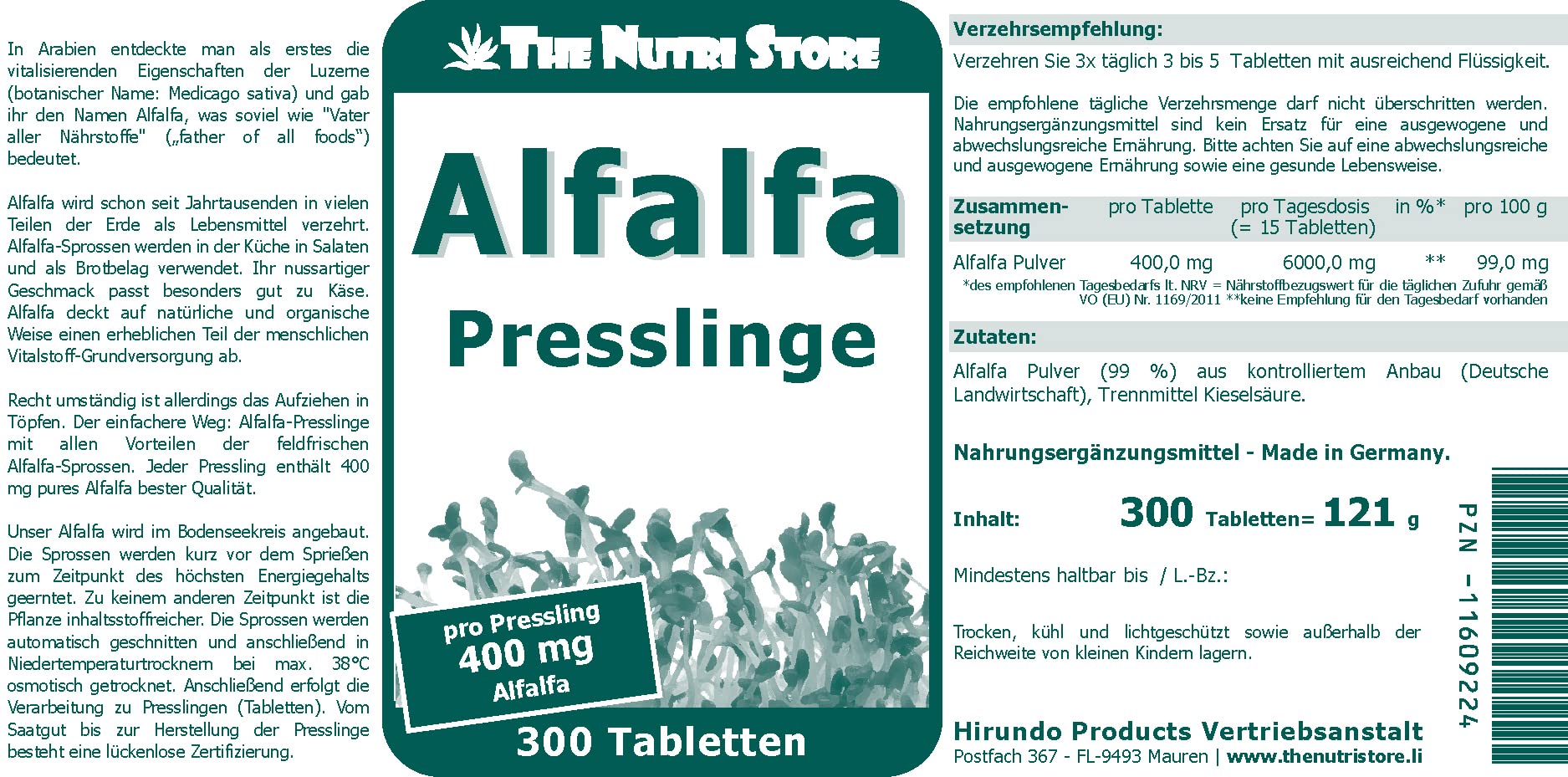 The Nutri Store Alfalfa 400 mg vegane Presslinge 300 Stk.