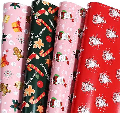 Ulmasinn Papel de regalo de Navidad para niños, niñas, niños, rosa, rojo, verde con lindo Papá Noel, galletas de caramelo de árbol de Navidad y