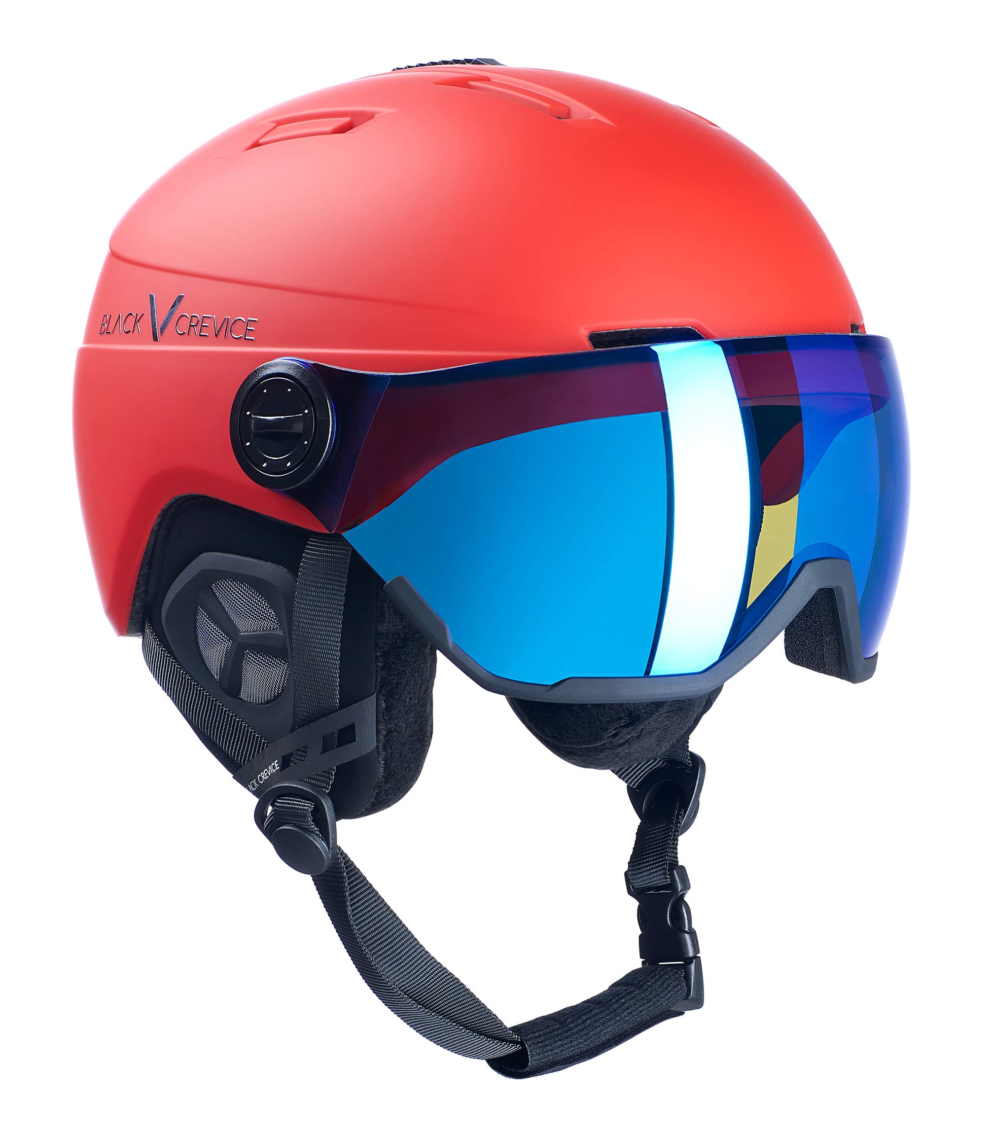 Black Crevice Calgary Ski Helmet with Visor, Red Mat/Silver, S/M (54-57)