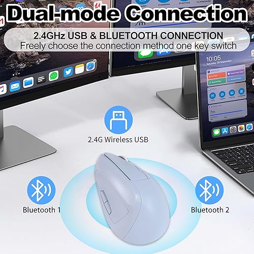 Miniatura 5 de Ratón inalámbrico Bluetooth vertical ergonómico doble modo recargable, silencioso, portátil, de alta precisión, óptico inalámbrico con receptor USB