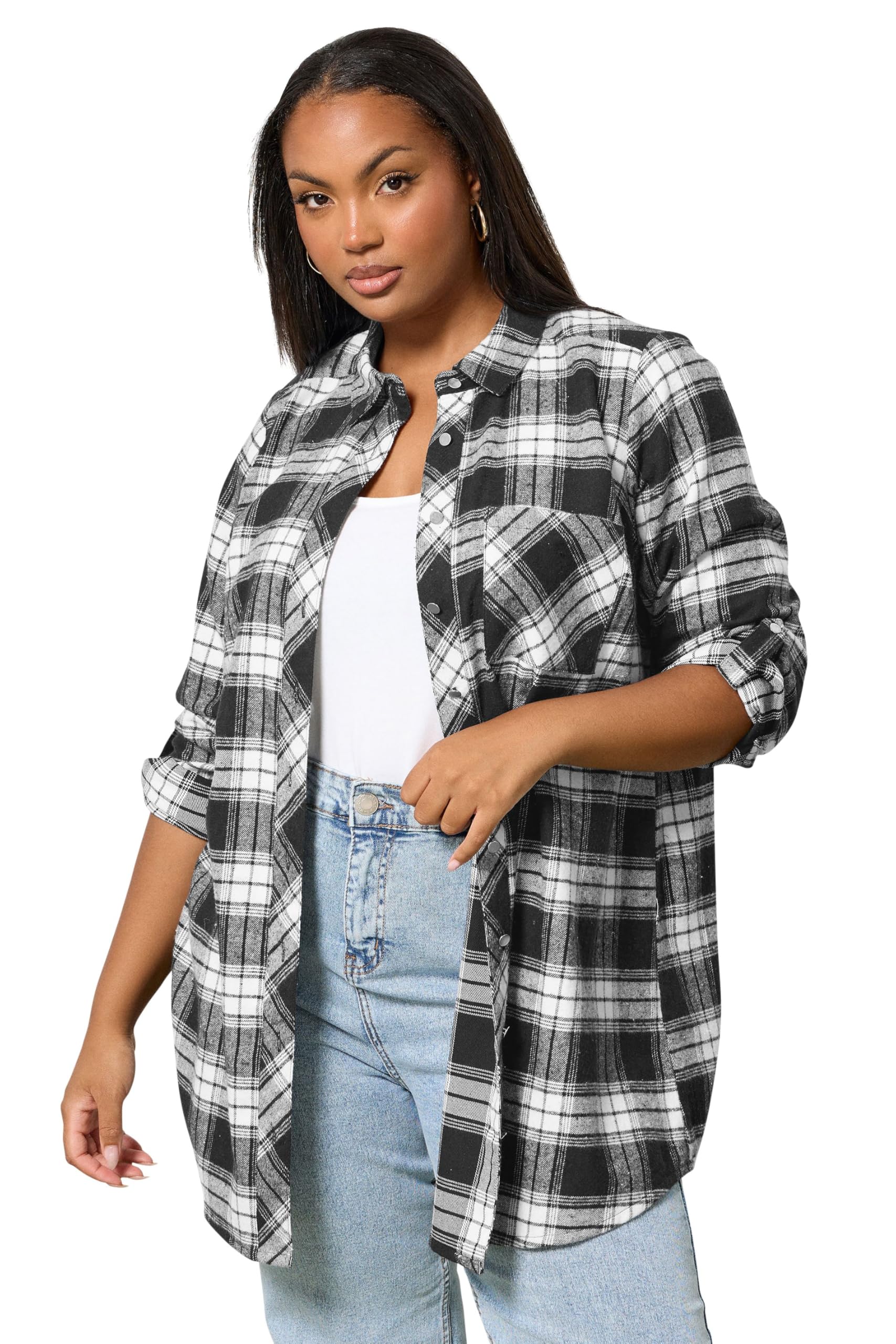 Yours Curve Check Boyfriend Shirt - Women's - Plus Size Curve Black