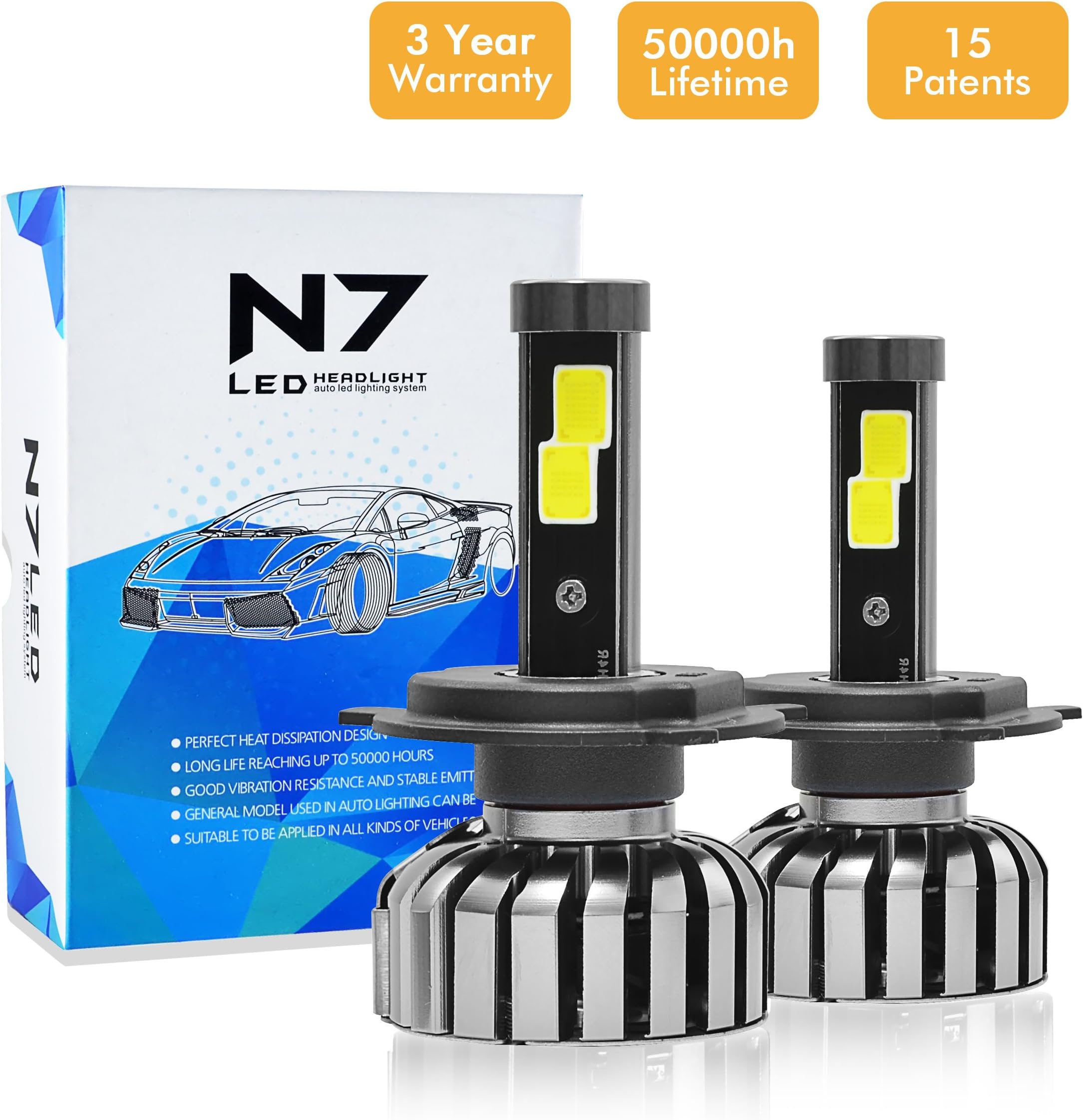 Honesteast Car LED Headlight Kit,Auto LED Headlight Bulbs LED Replacement Headlamps Set (N7,WaterProof ,2 Pcs) (N7-H4)