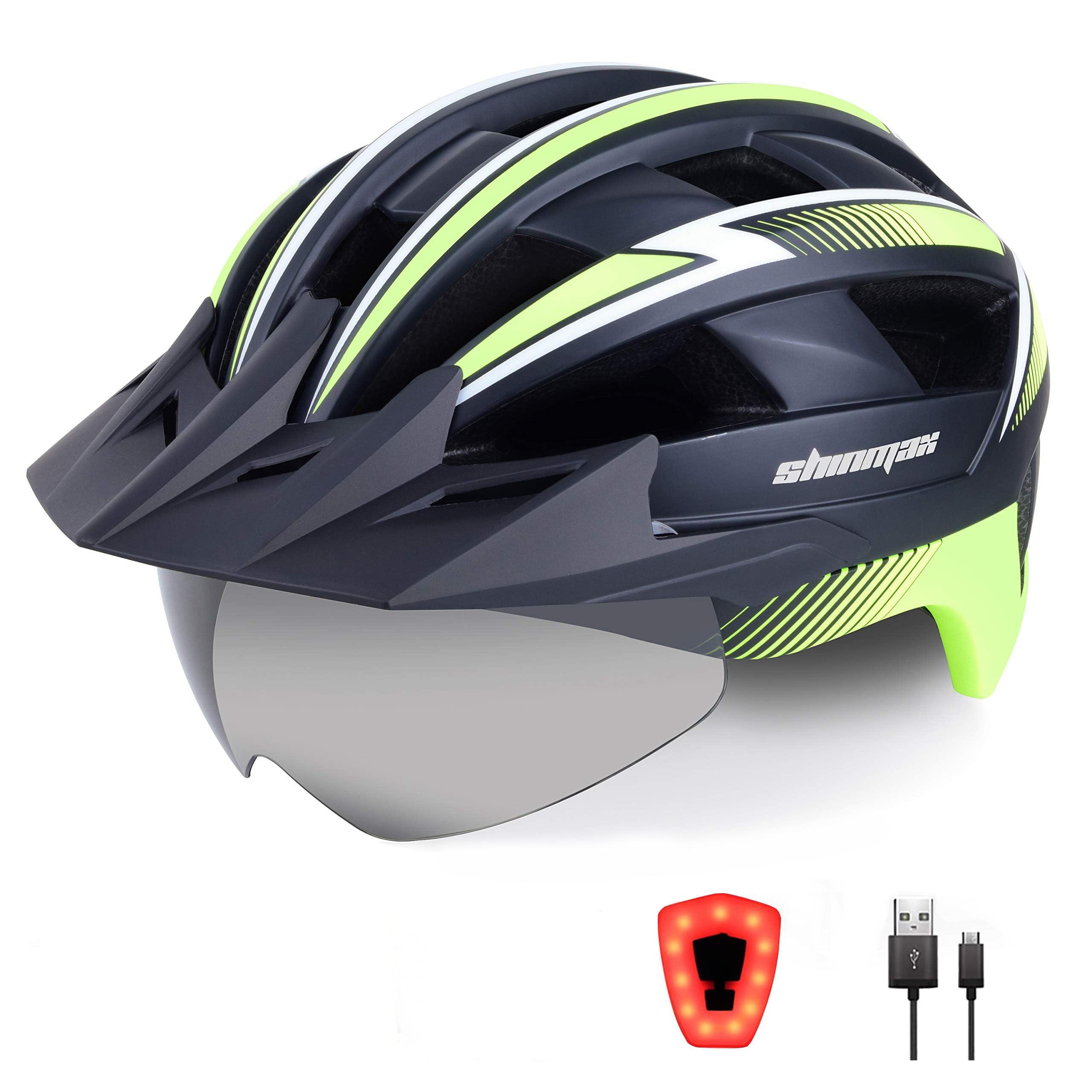 Shinmax Casco Bici Uomo Donna Casco MTB con LED USB Ricaricabile Luce Casco Bici Adulti con Visiera Rimovibile Magnetica Occhiali Casco Ciclismo Unisex Caschi Bicicletta 57-62cm NR-032