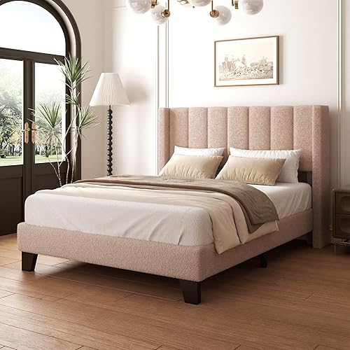 Miniatura 13 de Marco de Cama Queen con Cabecero Tapizado Marco de Cama de Plataforma con Cabecero de Terciopelo Teddy, Soporte de Listones de Madera/Diseño de