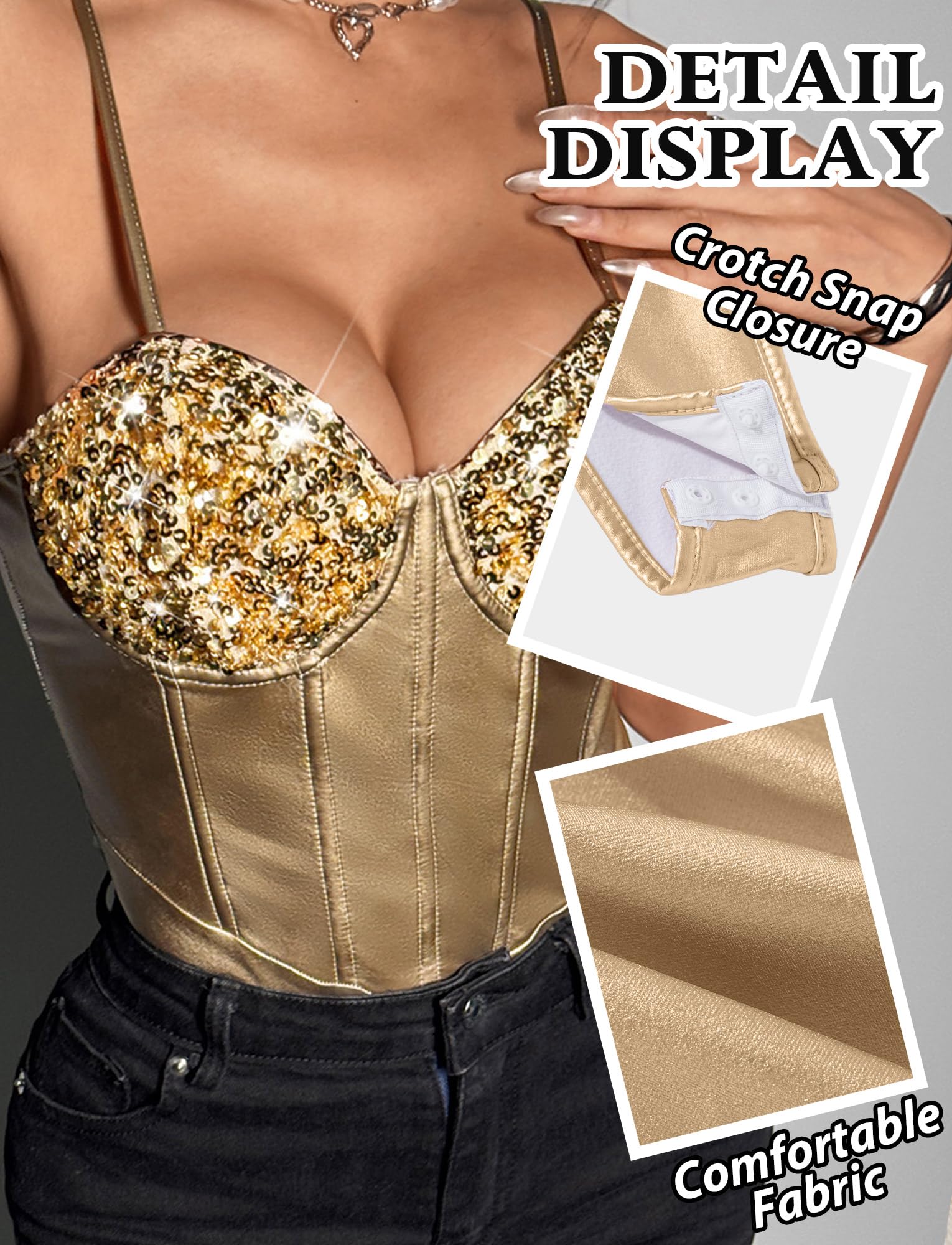 Maeau - Body Metálico Lentejuelas Brillantes Mujer Body Lencería Corsé Bodysuit Top Party Club XS-XL
