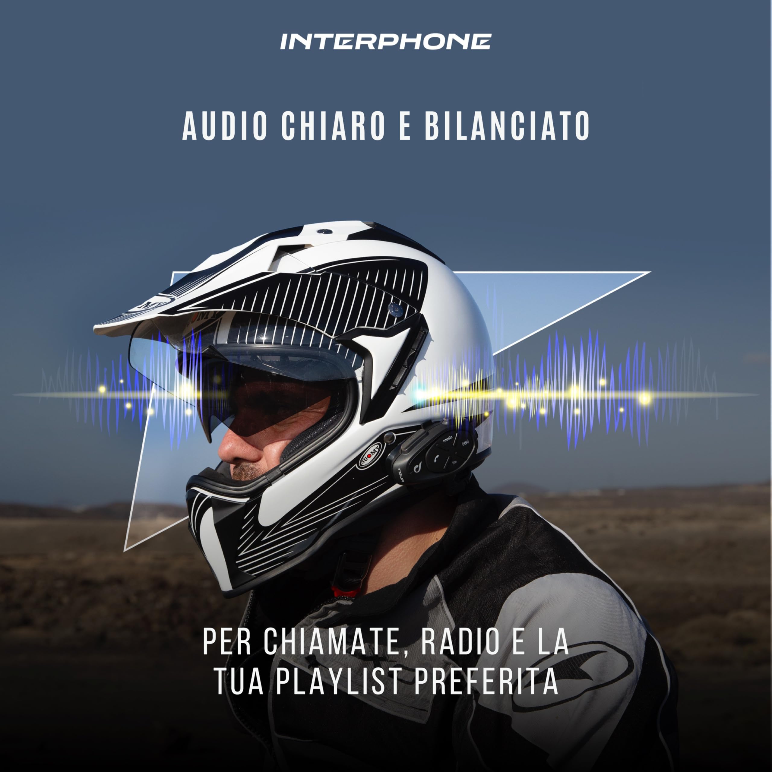INTERPHONE TOUR - Doppio - Interfono Moto Bluetooth, Fino a 4 Motociclisti, Distanza 1.5 Km, Autonomia 25 Ore, Fast Charge, Radio, Mp3, GPS, Impermeabile, Universale.
