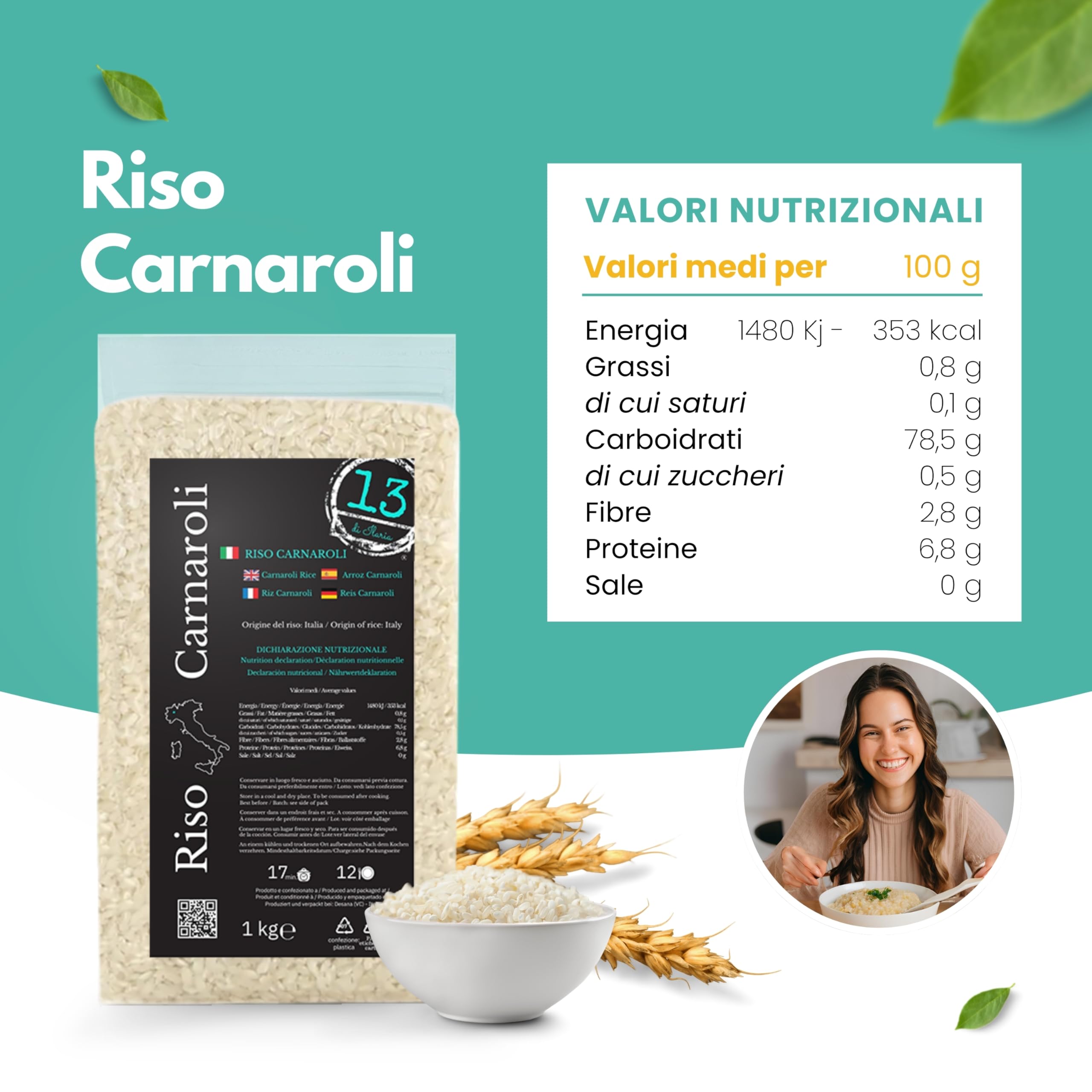 Riso Carnaroli Italiano 2 kg (2×1kg) – Chicchi Lunghi Ricchi di Amido – Ideale per Risotti – Senza Glutine – Coltivato a Vercelli | Made in Italy