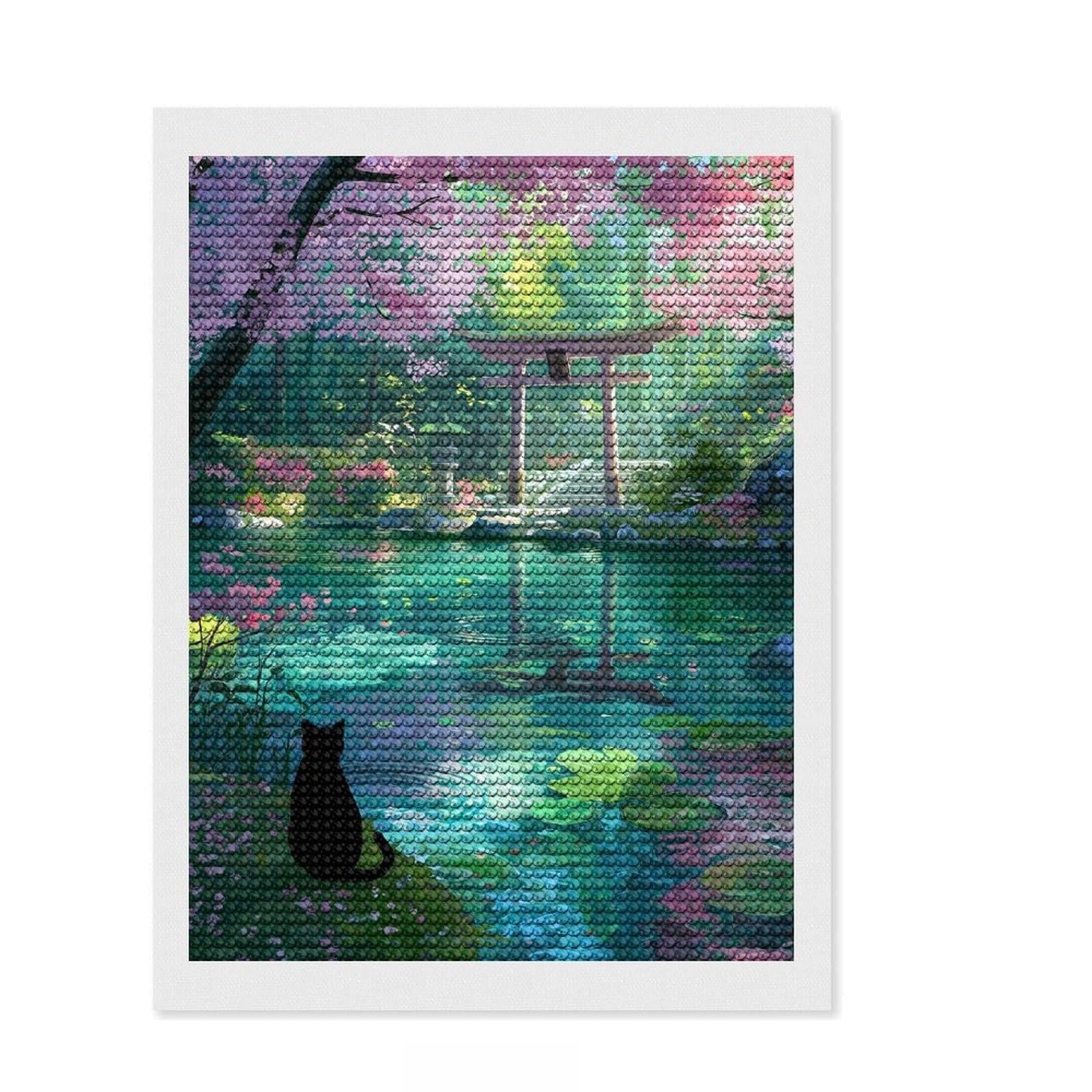 Junmoney Black Cat at Shrine Cherry Blossom Pond Diamond Art Canvas 12"x16", Relaxing DIY Hobby, Satisfying Creative Project, Farmhouse Decor, for Women
