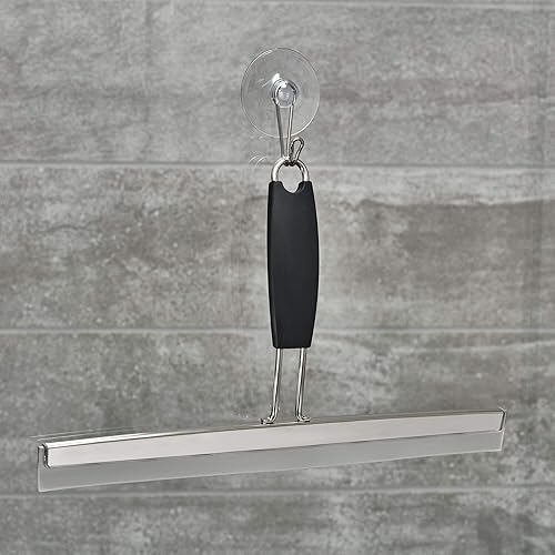 Miniatura 2 de InterDesign Noir - Escobilla de ducha para baño, ventana y espejo con gancho de almacenamiento de succión, 12 pulgadas, negro/acero inoxidable