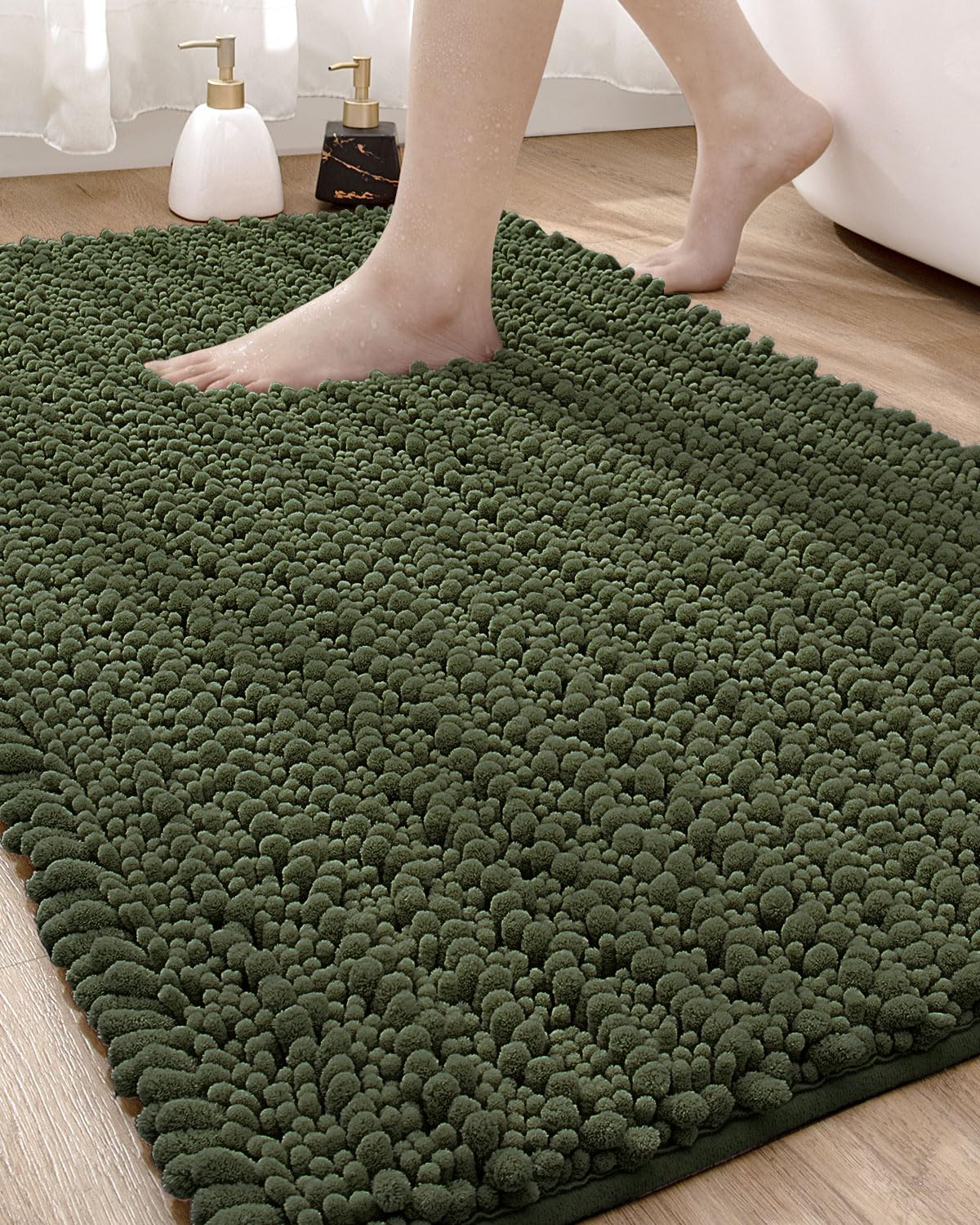 DEXI Bath Mat Bathroom Rug Non Slip Absorbent and Soft Floor Mats Washable Chenille for Bathtub Toilet Shower Room Entryway,24"x43" Olive Green