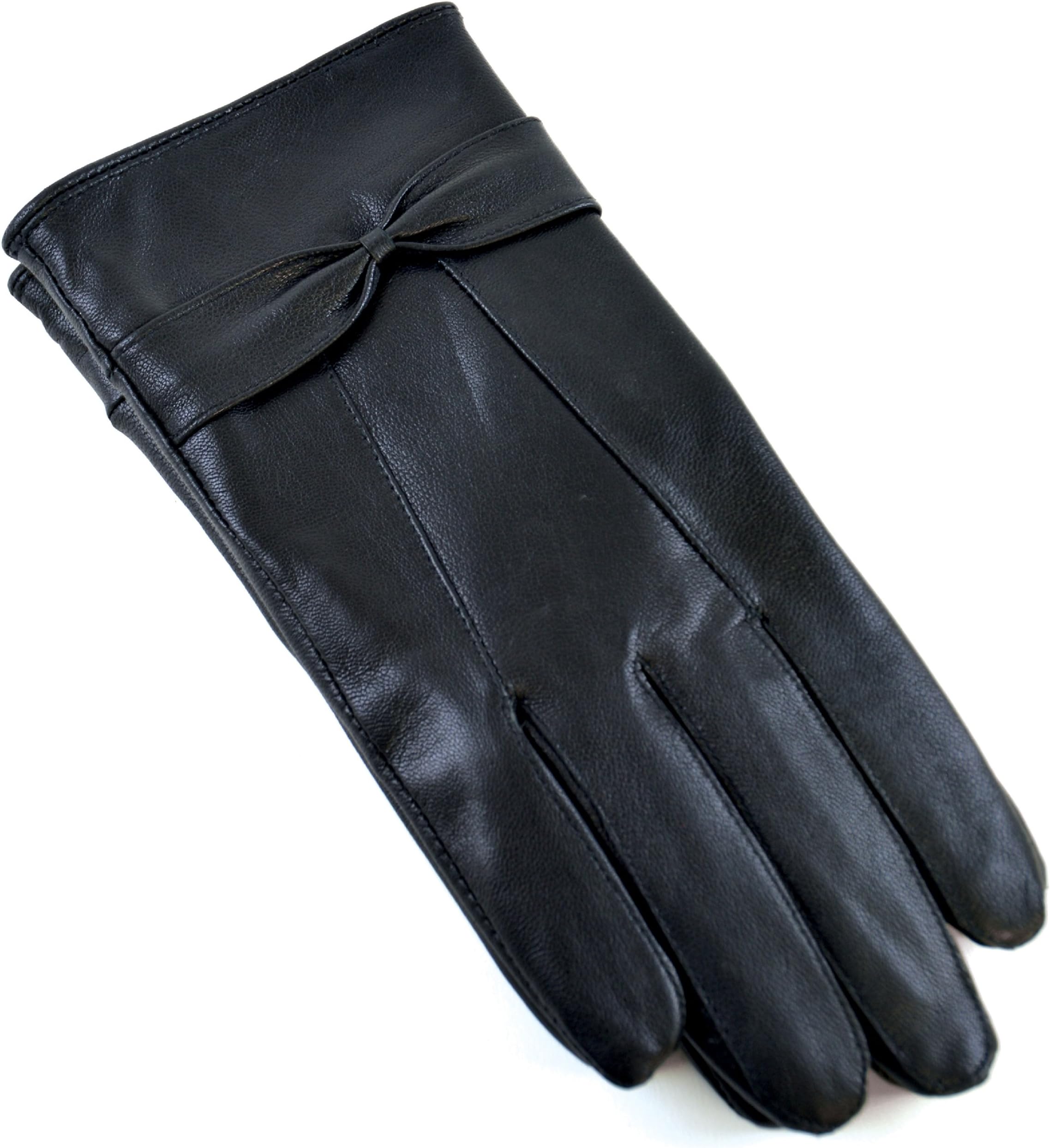 RJM Ladies Lined Black Sheepskin Leather Gloves With Bow Size S/M