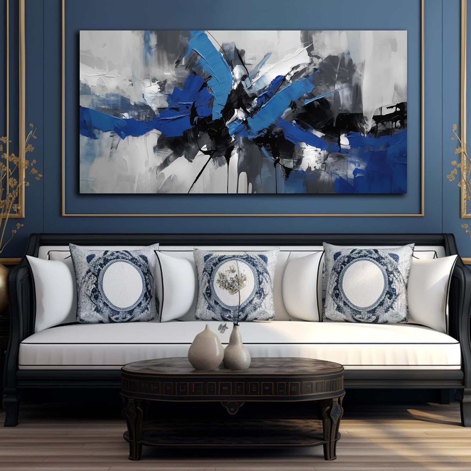 Large Abstract Wall Art for Living Room Canvas Wall Art Blue Black and White Pictures Wall Art for Living Room Bedroom Office Bathroom Kitchen Modern Canvas Artwork Decor Minimalist Artwork 29"x 58"